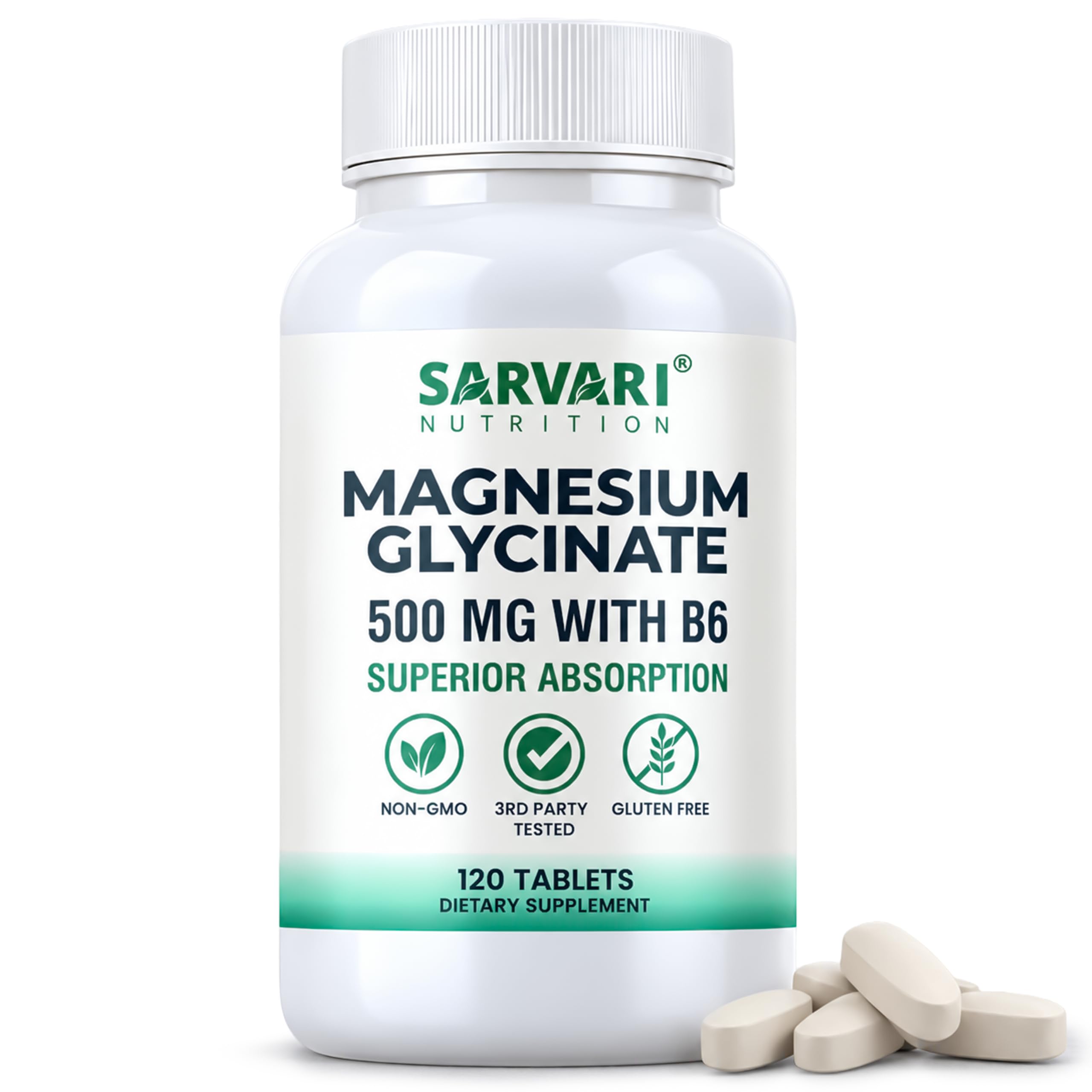 Magnesium Glycinate Supplement 500mg |120 Vegetarian Tablets, Added Vitamin B6 for Enhanced Absorption | Made in USA, 3rd Party Tested, Non-GMO & Gluten Free.