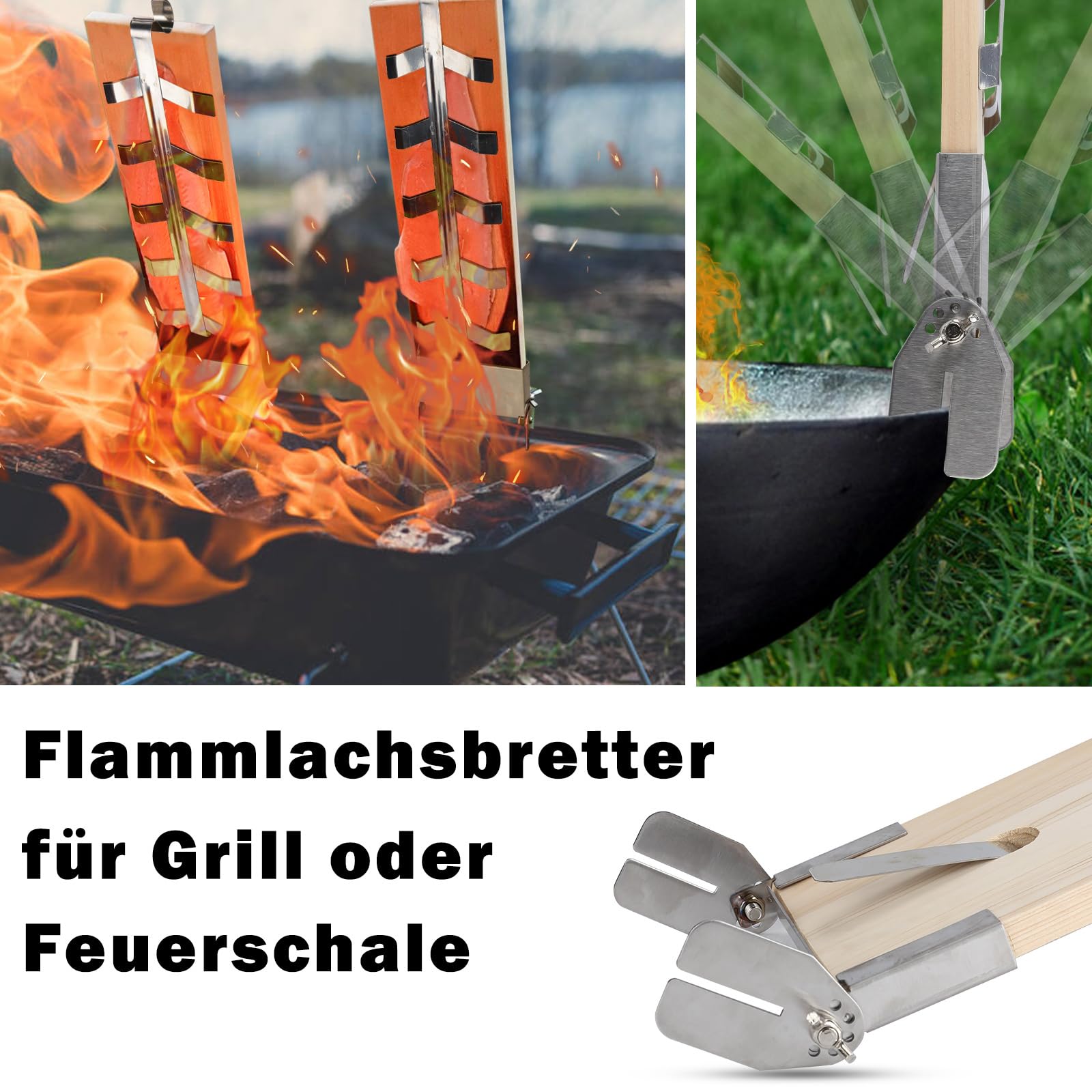 Flammlachsbrett 2er Set, Lachsbretter zum Grillen aus Zedernholz mit Edelstahlhalterung, 5 Winkelstufen, 46 x 15,5 cm, für Feuerschale Grill Feuerkorb