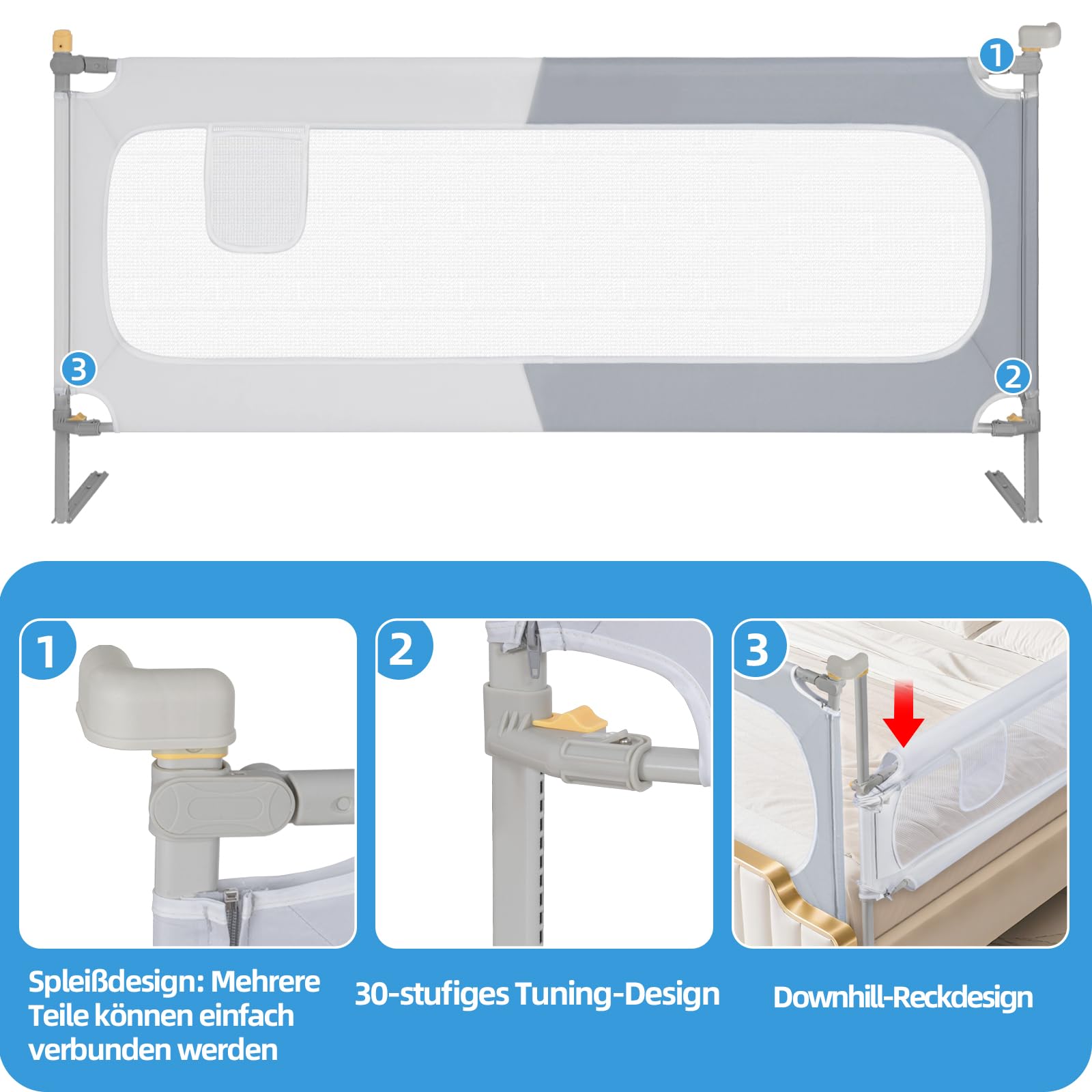 OUUTMEE Barrera de seguridad para cama de 200 cm, plegable, 30 alturas, altura regulable, diseño de bloques de color gris y blanco