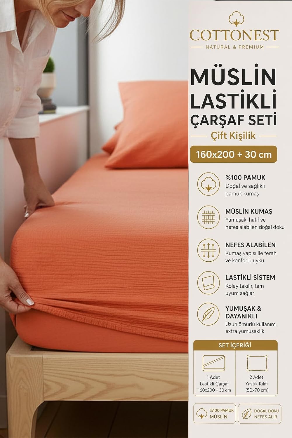 Müslin Çift Kişilik Lastikli Çarşaf Seti 160 x 200 cm Battal Boy%100 Pamuk