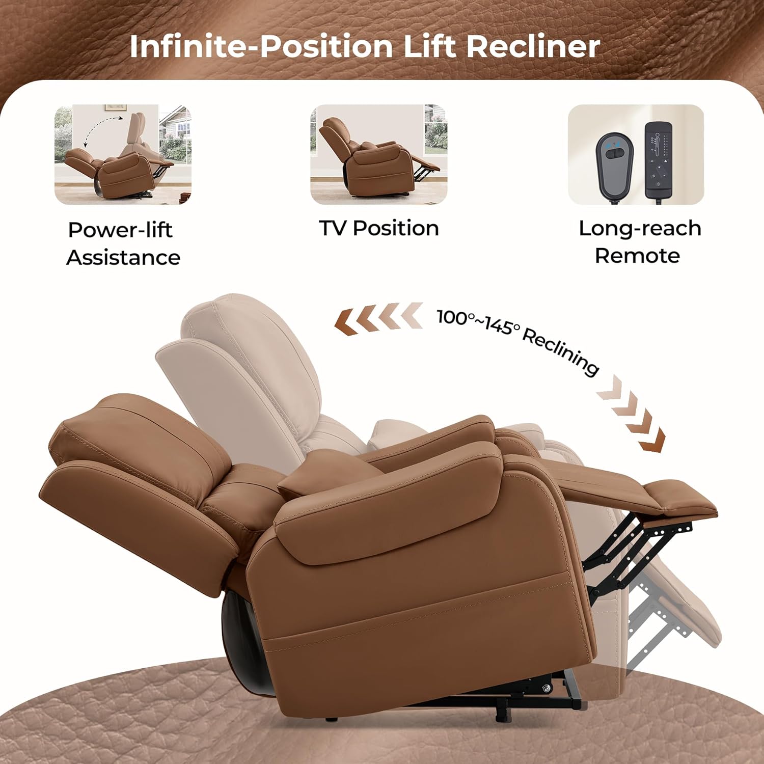 CHITA Power Lift Recliner Chair for Elderly with Heat and Massage, Genuine Leather Electric Lift Chairs with Cup Holder, Removable Lumbar Pillow, 2 Side Pockets, Leather in Saddle