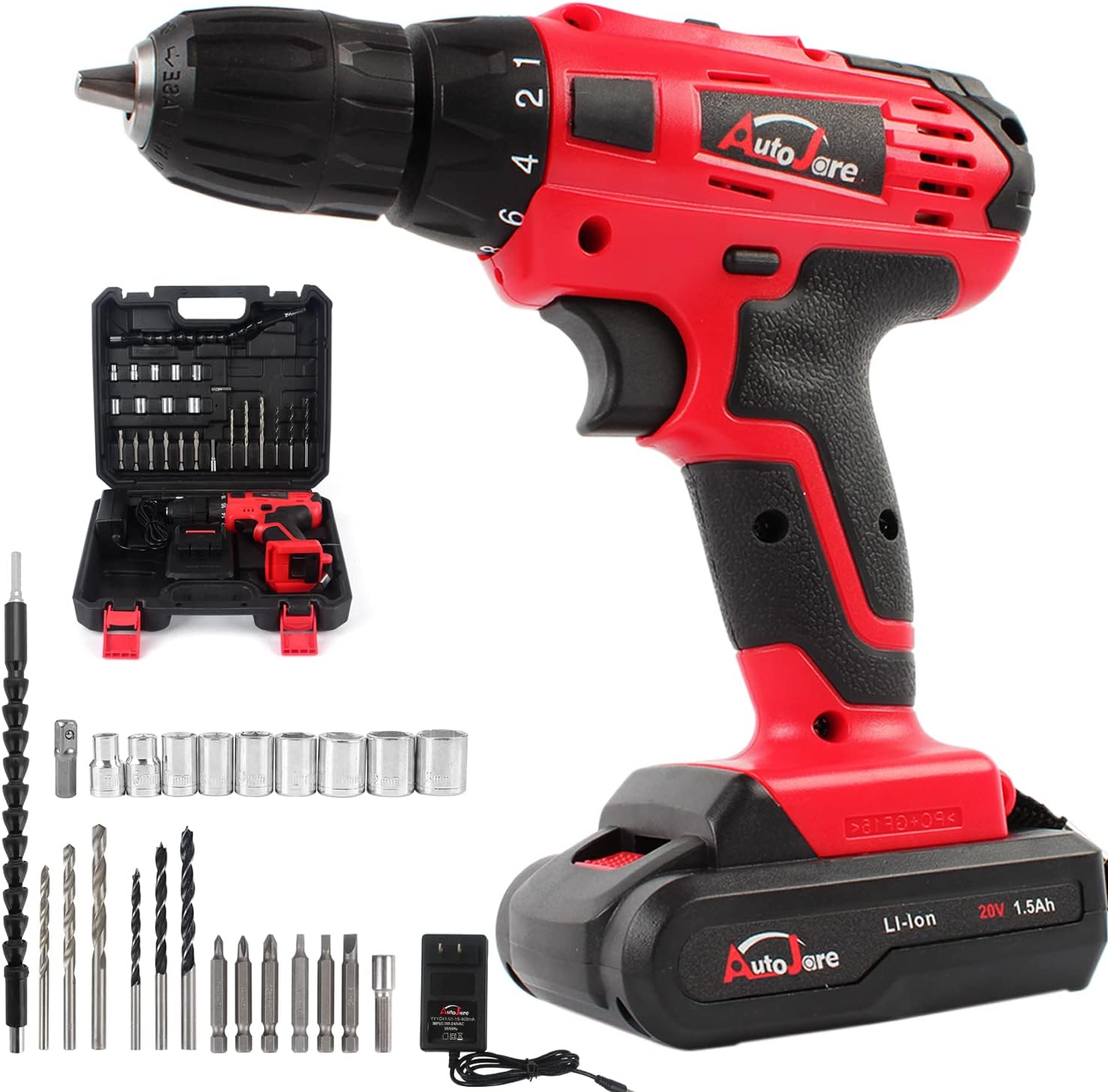 Electric Cordless Drill Kit- AUTOJARE Rechargeable Power Drill Driver 20V max 18V Lithium-Ion Battery 3/8" Keyless Chuck Durable&Fast Application Speeds Dirll with 24pcs Accessories Carry Case