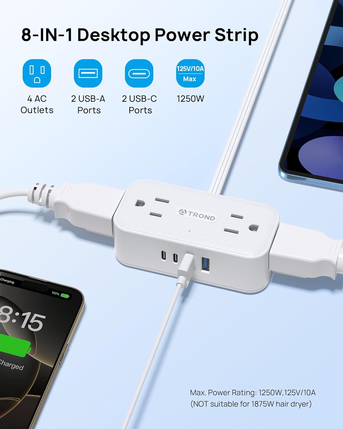 TROND 360° Rotating Flat Plug Power Strip, 5FT Extension Cord with 4 USB Ports & TROND 360° Rotating Plug Power Strip, 5FT Flat Extension Cord with Multiple Outlets