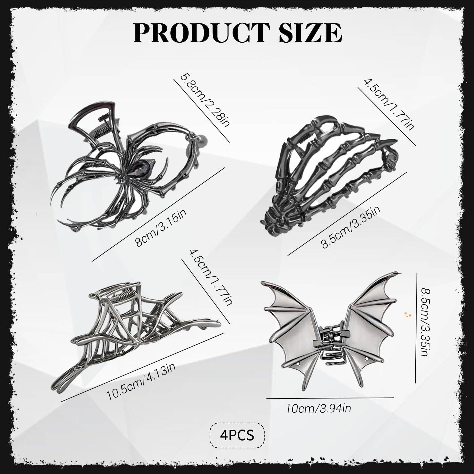 Xanthelle Claw Clip, Set of 4 Gothic Halloween Metal Hair Clips, Spider Bat Ghost Hand Web, Y2K Grunge Hair Accessories - Image 2
