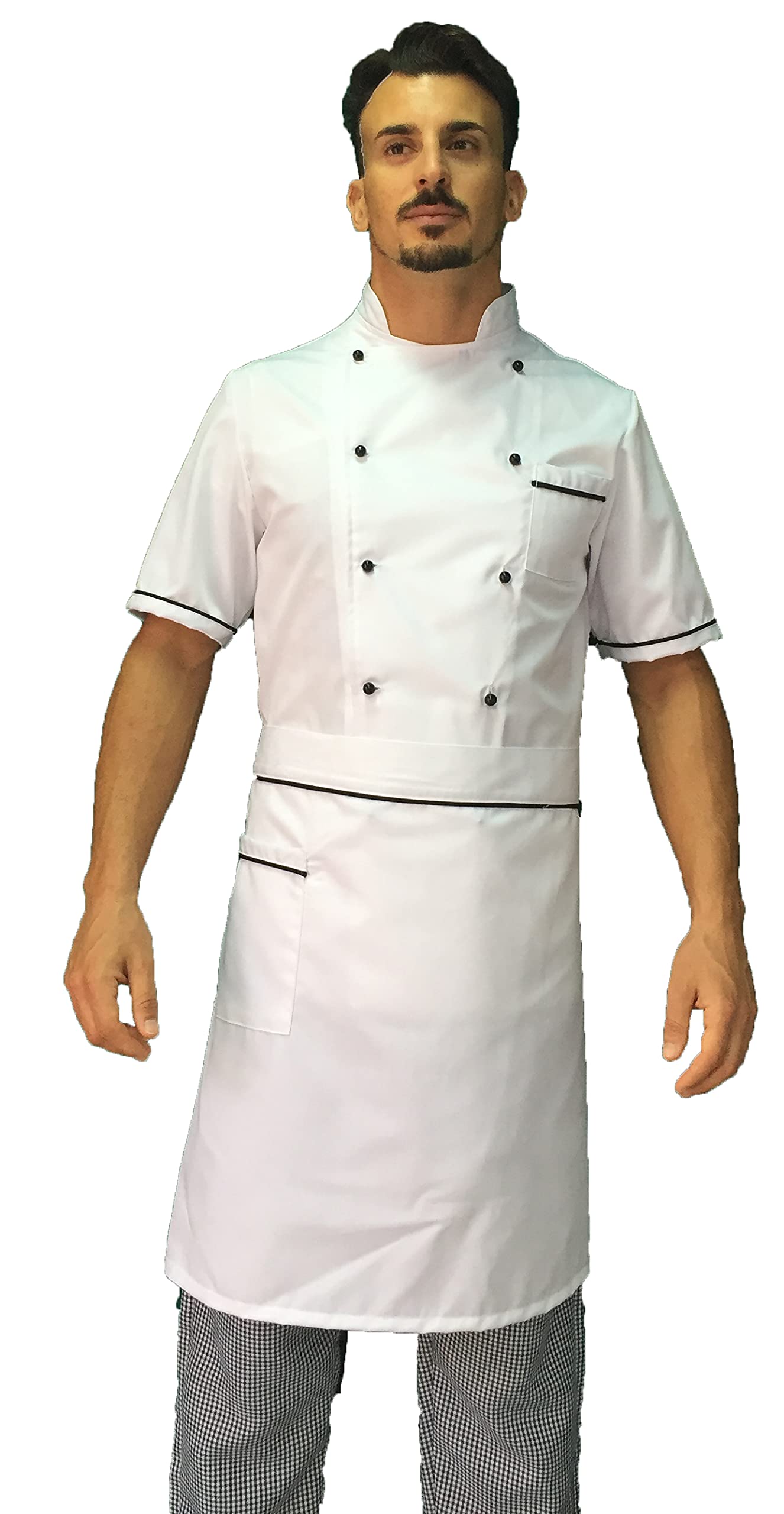 Bordado gratuito – Conjunto de cocinero para hombre – Blanco Negro y Pied de Poule – Camiseta de chef de manga corta – Chaqueta, pantalones y delantal – Uniforme para cocina y