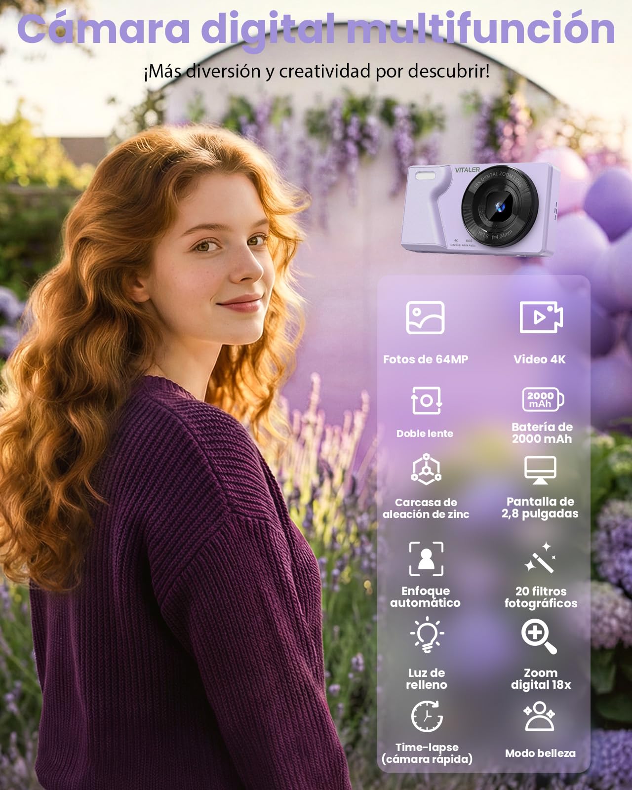 Cámara Digital 64MP 4K Cámara de Fotos Compacta con Doble Lente,Pantalla LCD 2,8 Pulgadas,Batería de 2000 mAh,Carcasa de Aleación de Zinc y Zoom Digital 18X para Niños y Adultos(Morado,SIN Tarjeta SD)