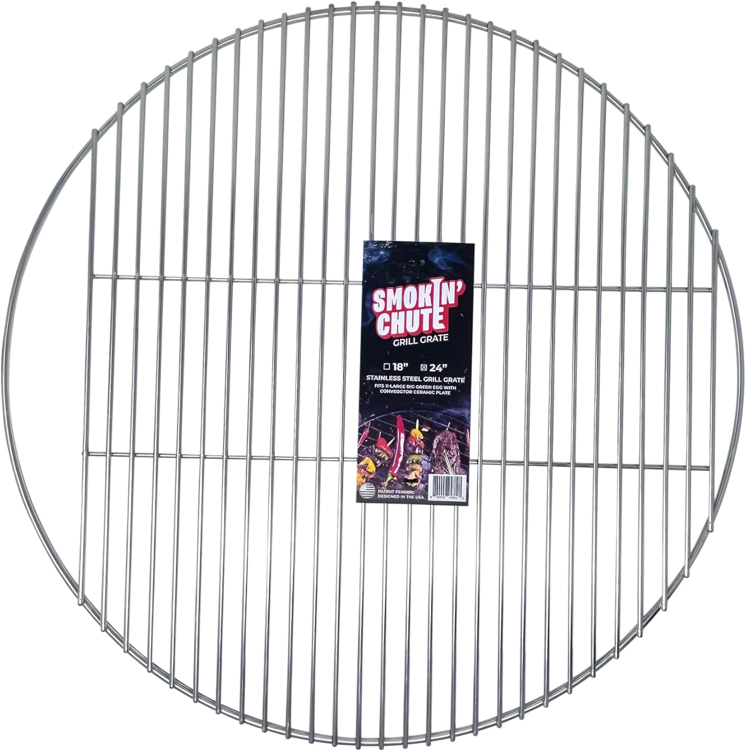 Stainless Steel Grate replacement for X-Large Big Green Egg, Kamado Joe, and other 24” diameter grill grates, designed to work with the Smokin’ Chute System for easily reloading wood chips.