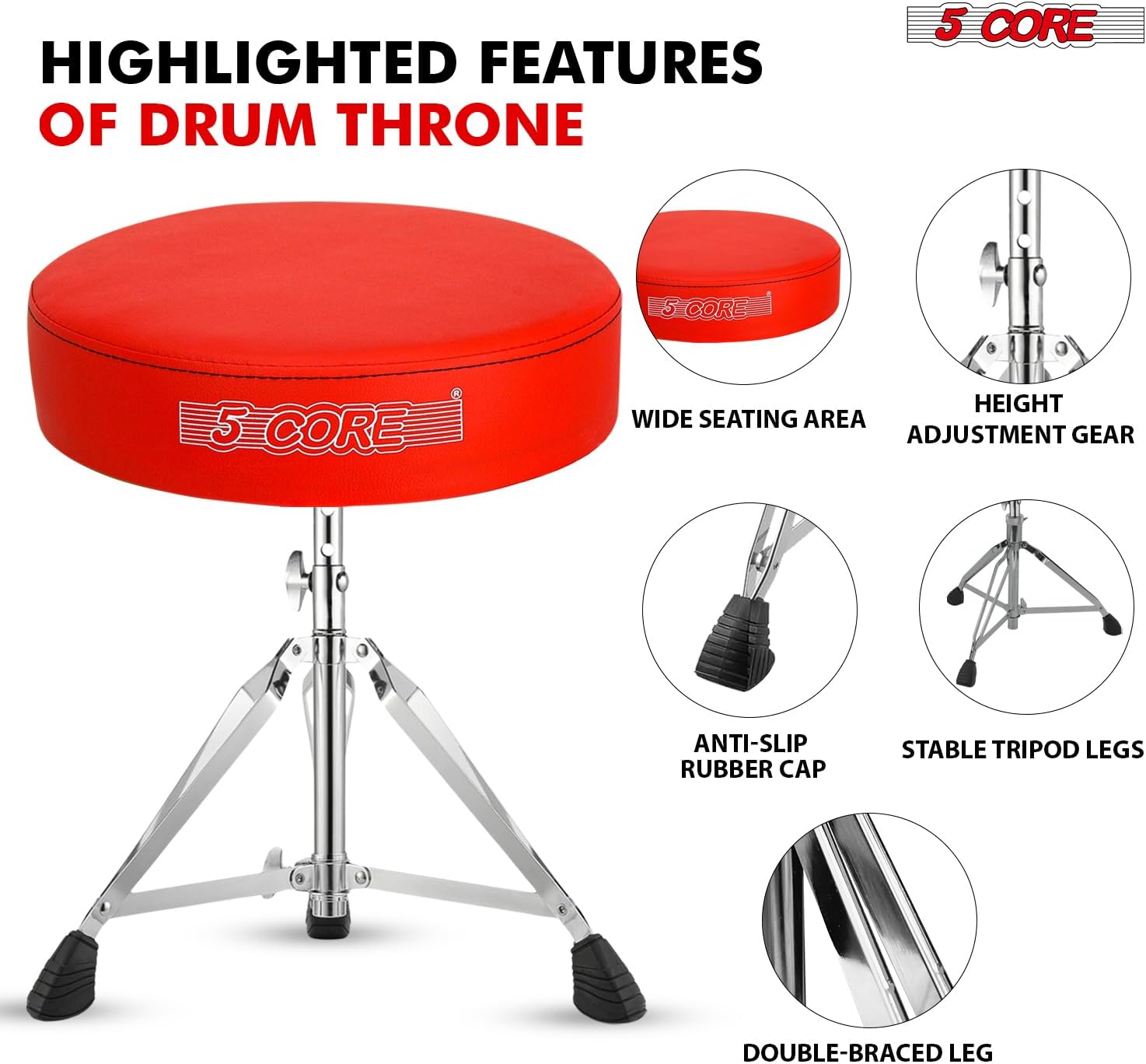 5 CORE Drum Throne 3" Thick Padded Adjustable 21.5" Drummer Chair 200Lb Capacity Guitar Stool for Adults & Kids Red - DS CH RED