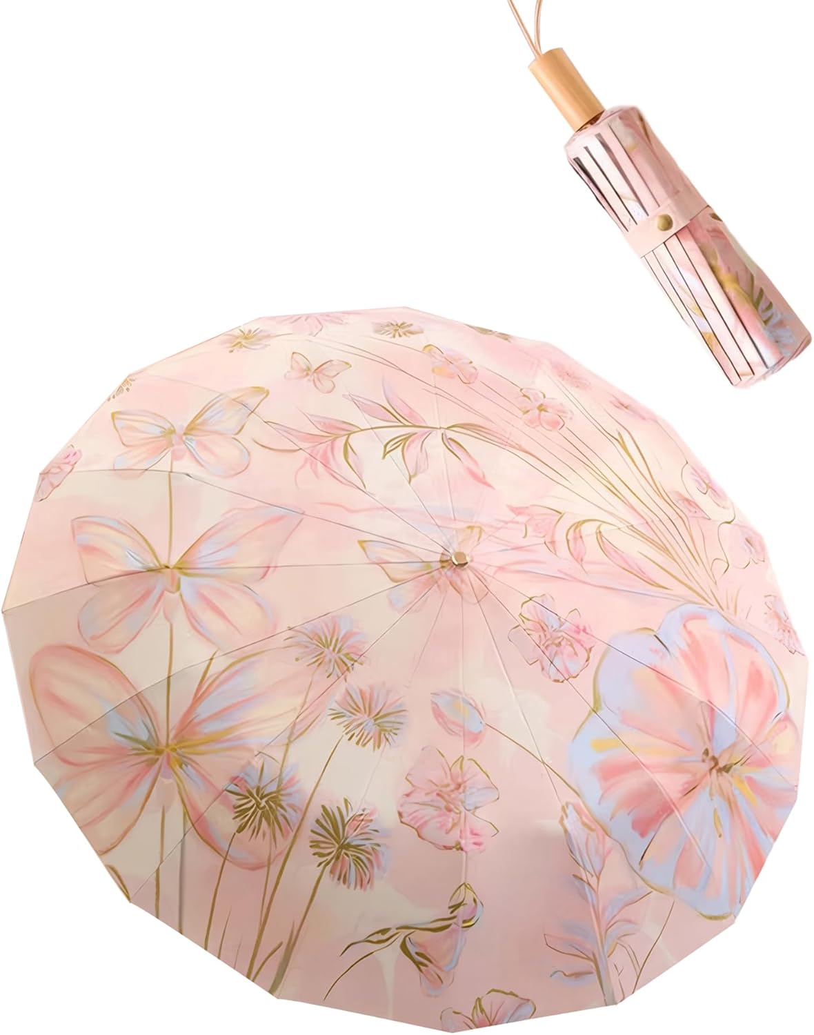 Meichoon UPF50+ Large Umbrella UV Protection Upgrade Thickened Double-bone Fiberglass Stylish & Durable 16-Bone Windproof Compact Travel Sun & Rain Parasol Flower Vintage Design for Women