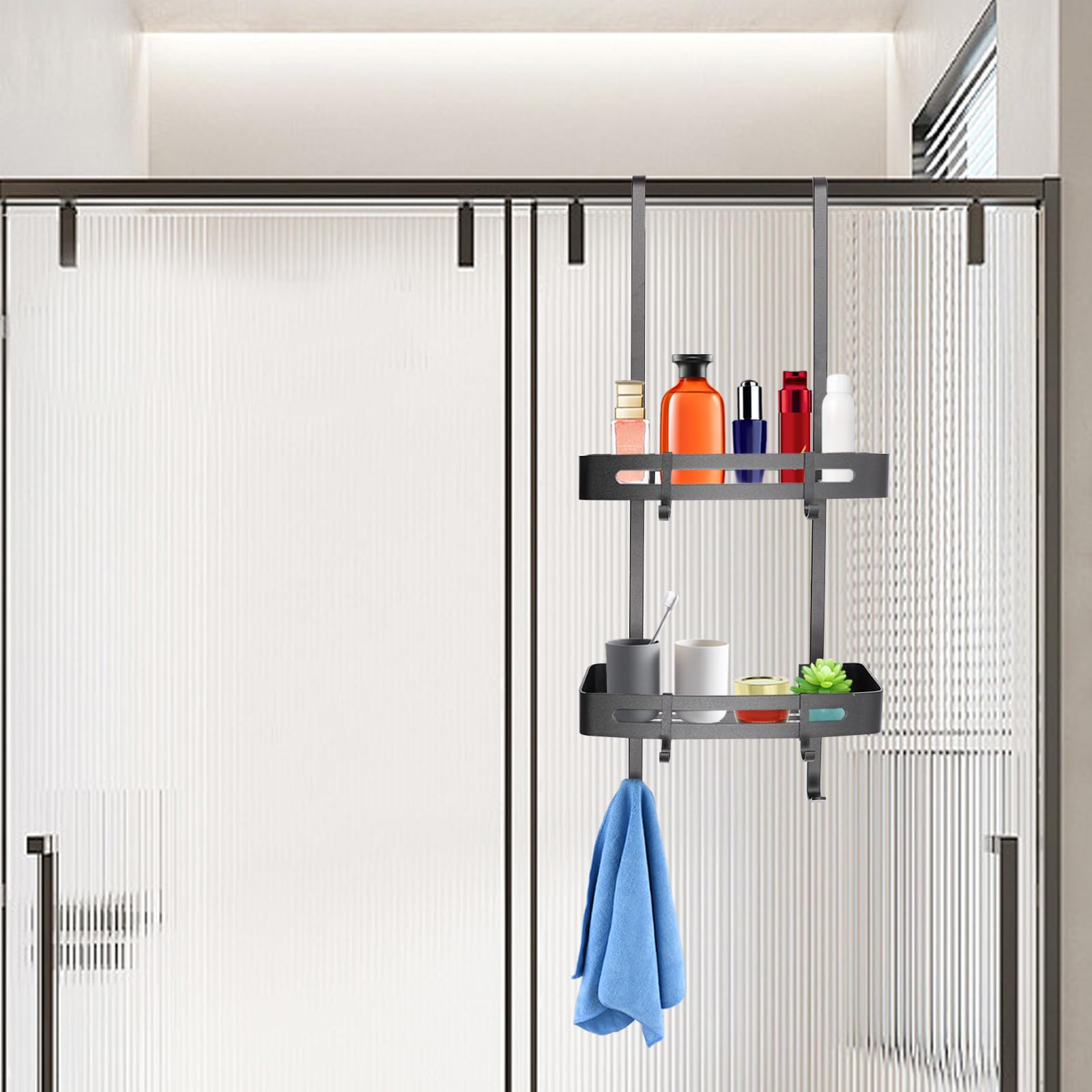 Estante de ducha para colgar de 2 niveles, estante de ducha para baño, champú, cesta de ducha, estante para colgar con 4 ganchos móviles, 32,5 x 12,5 x 73 cm, color negro