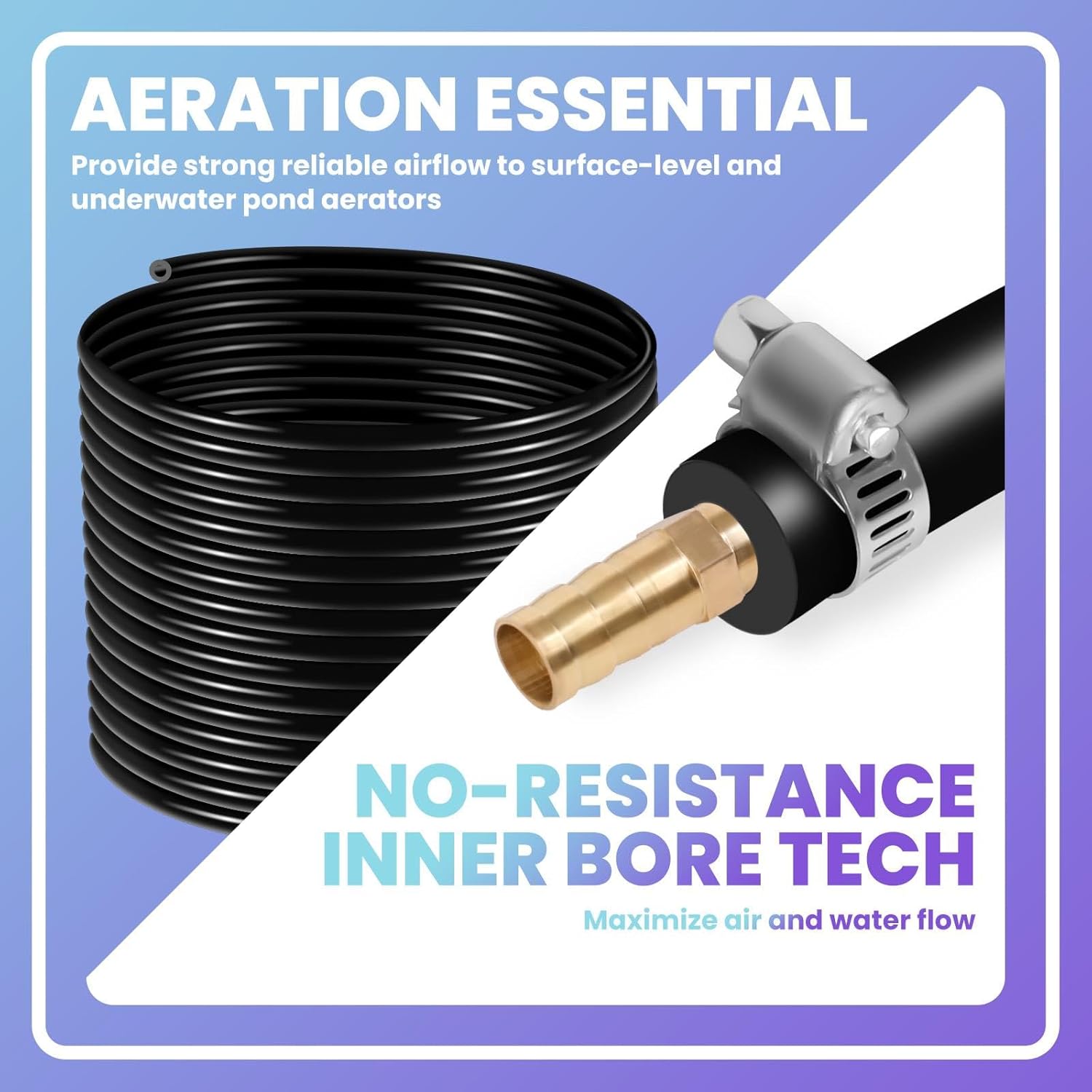 100 FT Weighted Aerator Hose Kit, Self Sinking Aeration Hose 3/8 Inch with 4 Stainless Steel Clamps & 4 Menders, Weighted Design for Stable Sinking for Water Features, Ponds & Garden Aeration