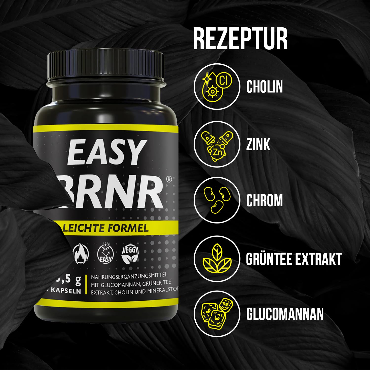 BRNR EASY BRNR Leichte Formel 5in1, Stoffwechsel-Kur mit Cholin, Blutzuckerspiegel-Rezeptur mit Chrom, Ballaststoff Glucomannan, Grüntee Extrakt, 120 Kapseln