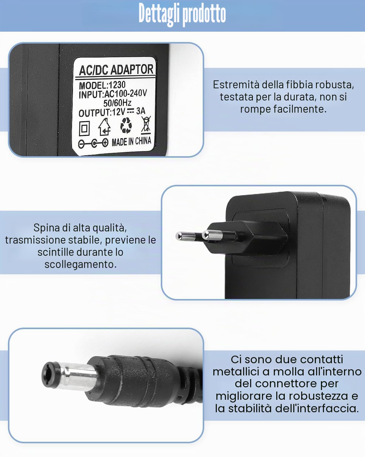 Adattatore di Alimentazione 12V 3A 36W, AC 100-240V 50/60Hz a DC 12V, Alimentatore dc 12v 3a per NVR, DVR, Strisce LED, Telecamere, Monitor LCD, Aspirapolvere, CCTV Camera Router, 5,5x2,1mm, Cavo 1,5M