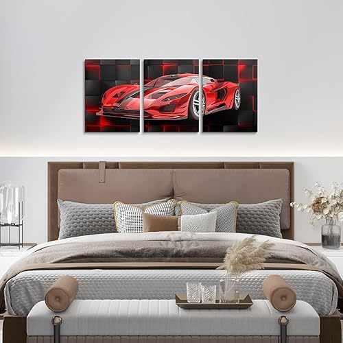 Miniatura 4 de Feelyou Cuadro rojo de carreras para pared, 12 x 16 pulgadas, 3 piezas de autos deportivos de velocidad, lienzo decorativo de pared geométrico de