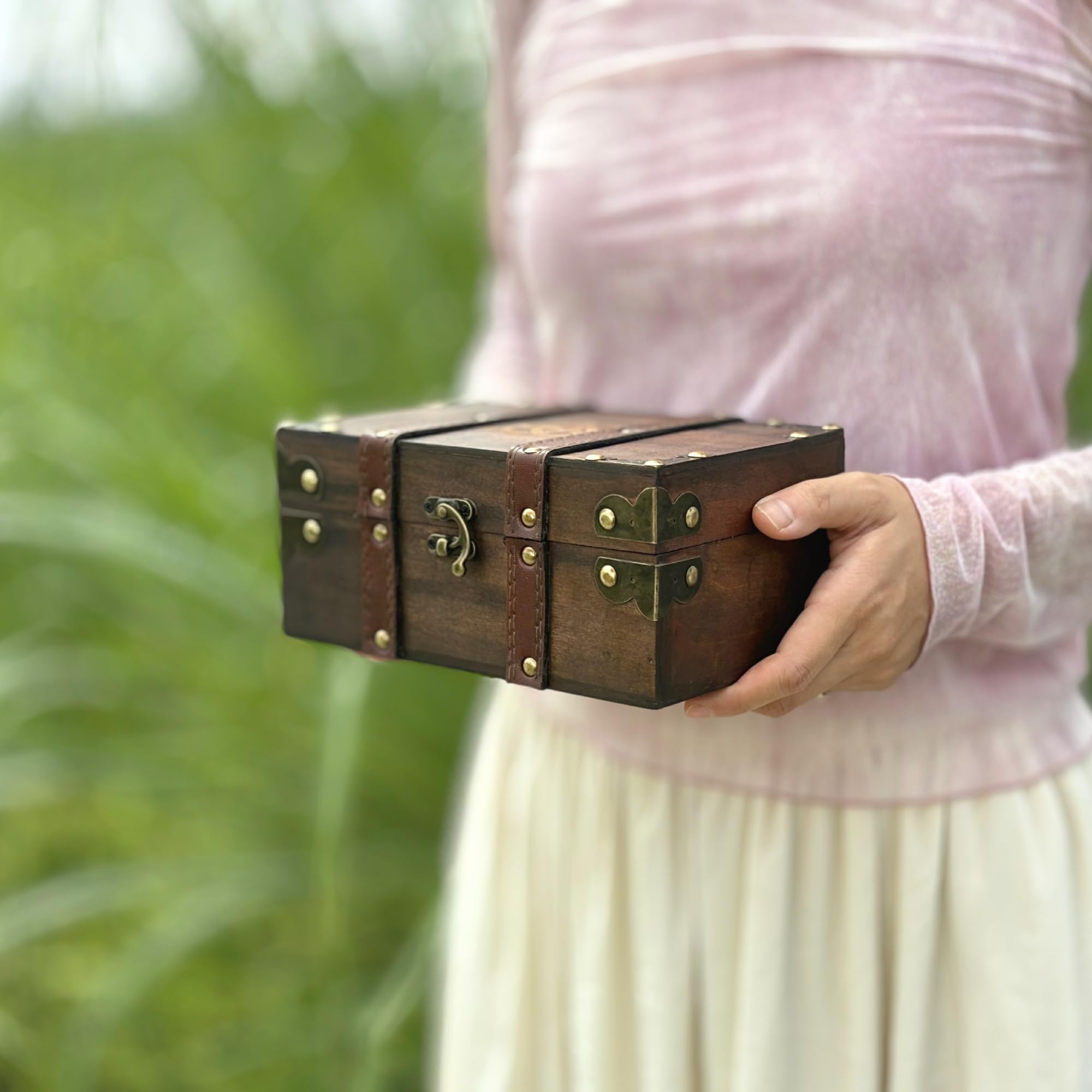 Crescent Engraved Wood and Leather Chest Box, Celtic Moon Wooden