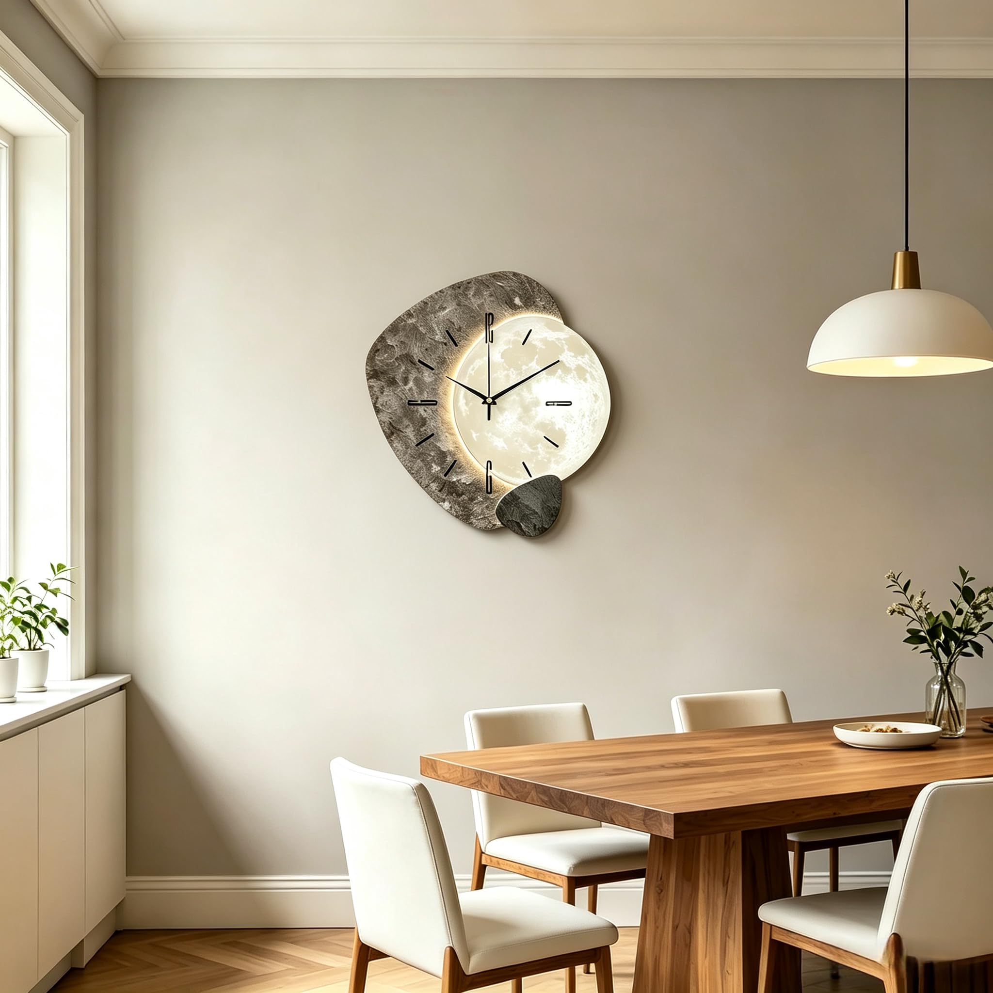 Reloj de pared de madera con diseño de luna silenciosa de 12 pulgadas, sin tictac, plano 2D, funciona con pilas