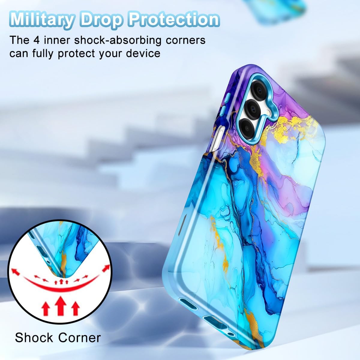 Btscase for Samsung Galaxy A16 5G Case, Marble Pattern 3 in 1 Heavy Duty Shockproof Full Body Rugged Hard PC+Soft Silicone Drop Protective Women Girl Cover for Samsung Galaxy A16 5G,Blue - Image 5
