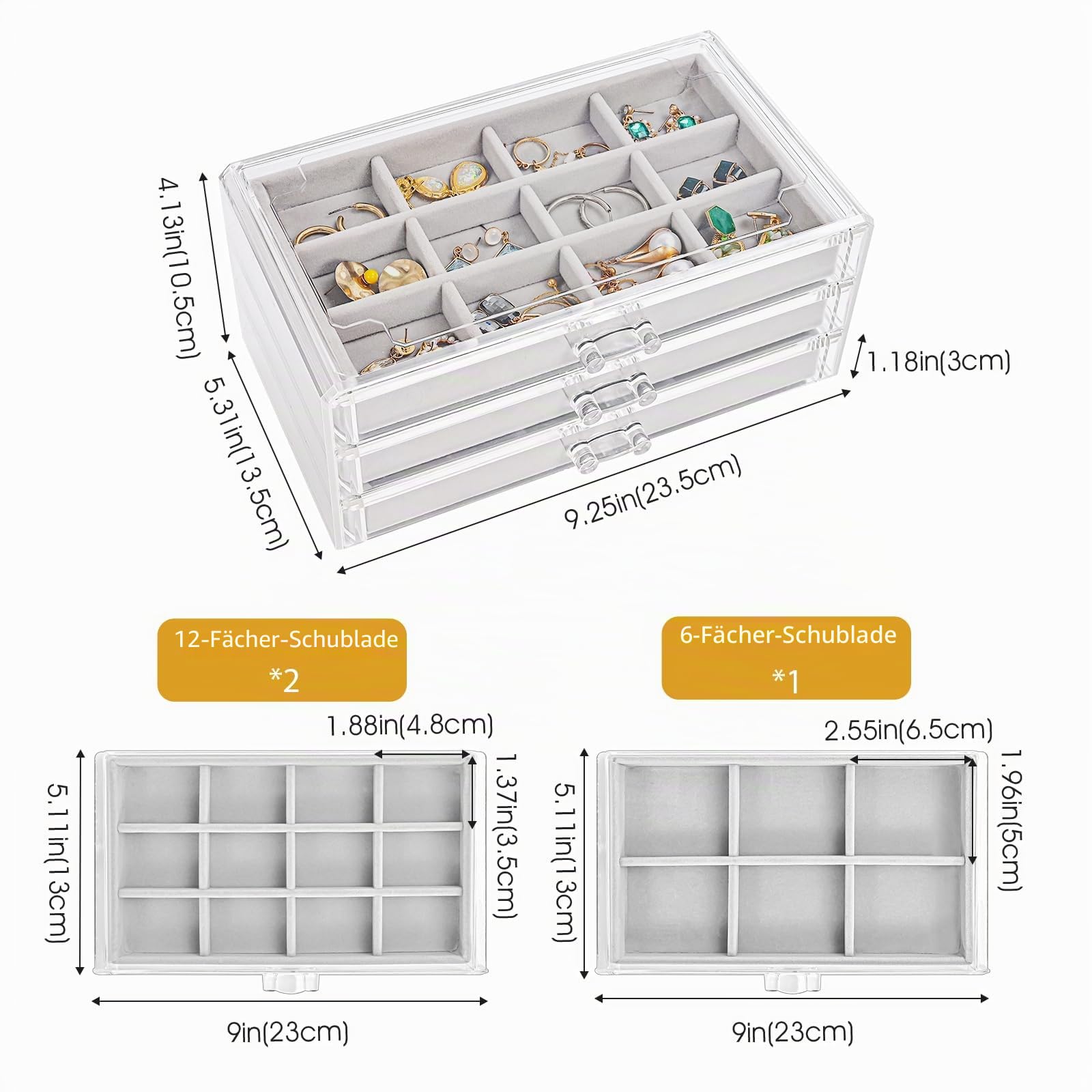 ProCase Acryl Schmuck Organizer Schmuckschatulle für Damen Durchsichtige Schmuckaufbewahrung Schmuckkästchen Schmuckbox mit 3 Schubladen für Ohrringe, Ringe, Armbänder -Grau