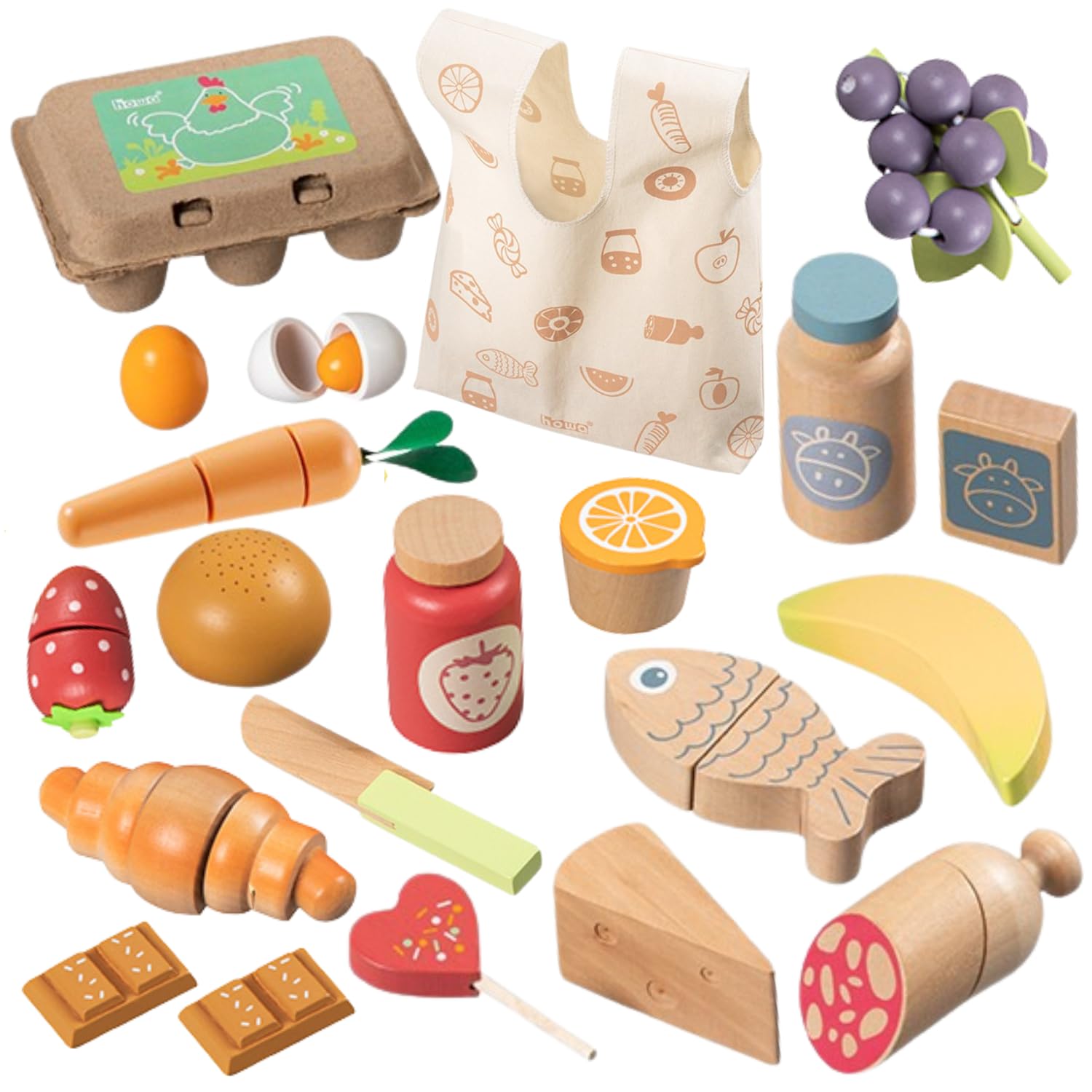howa Spiellebensmittel aus Holz 25 teiliges Set Kaufladen Zubehör 4895 | Holzspielzeug Zubehör für Kaufmannsladen und Kinderküche Obst, Gemüse, Wurst, Käse, Fisch, Brötchen für kreative Rollenspiele