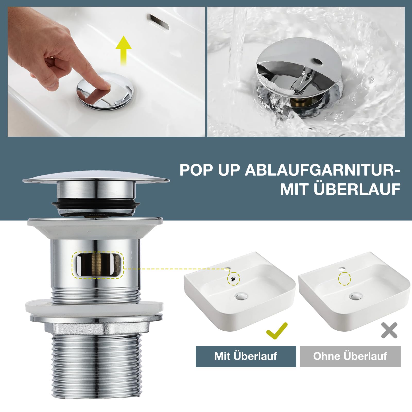 Sifone pop up valvola di scarico con troppopieno, design universale, sifone a tubo con apertura di pulizia, tubo di immersione regolabile, cromato