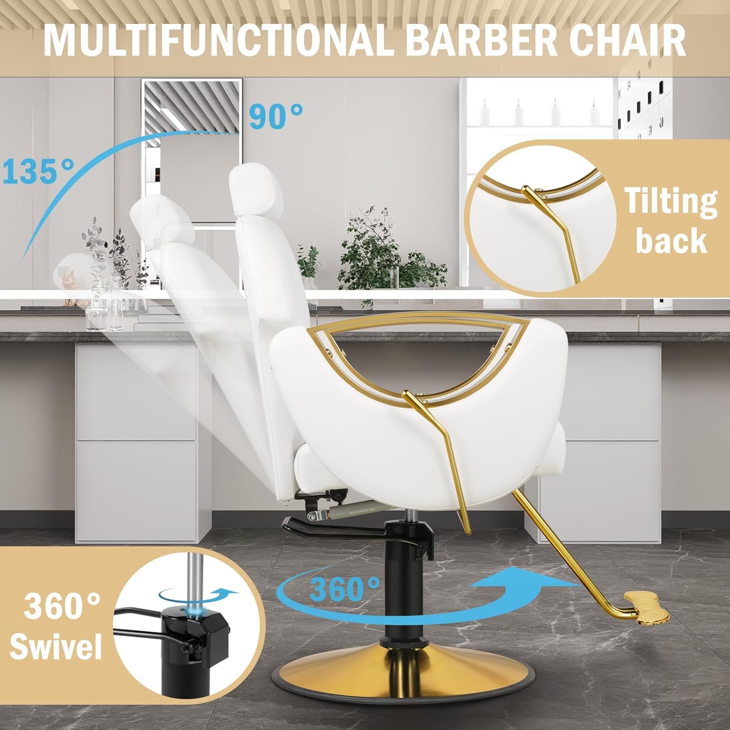Friseurstuhl Barberstuhl Friseursessel Professioneller Weiß | mit 360° Drehbar Höhenverstellbar Rückenlehne ist neigbar Frisörstuhl für Schönheitssalon Friseursalon Tattoo-Studio