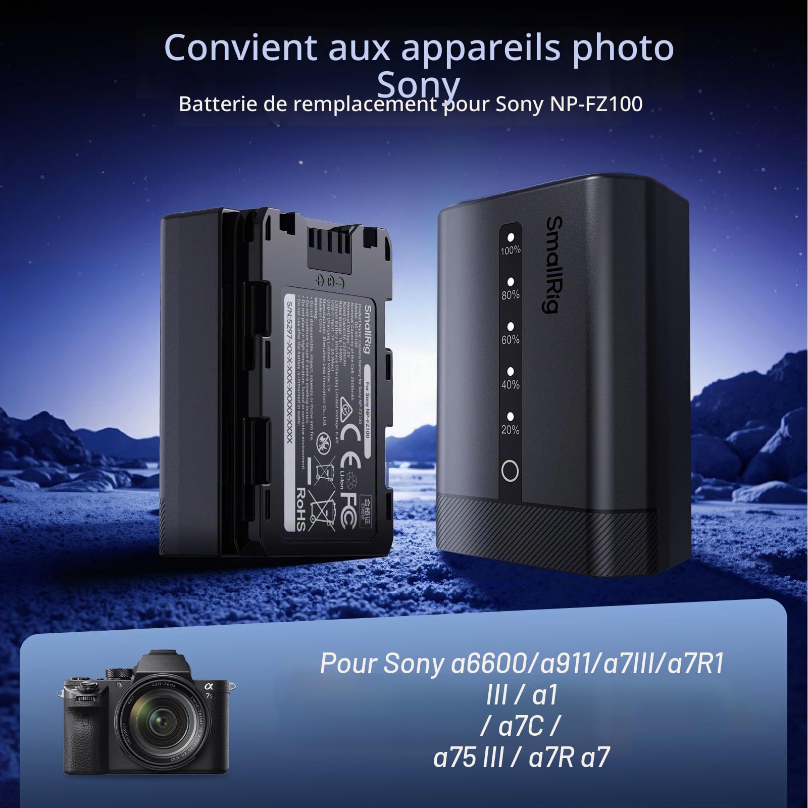 SMALLRIG NP-FZ100 Batterie pour appareil photo Sony 2520 mAh USB-C avec indicateur LED