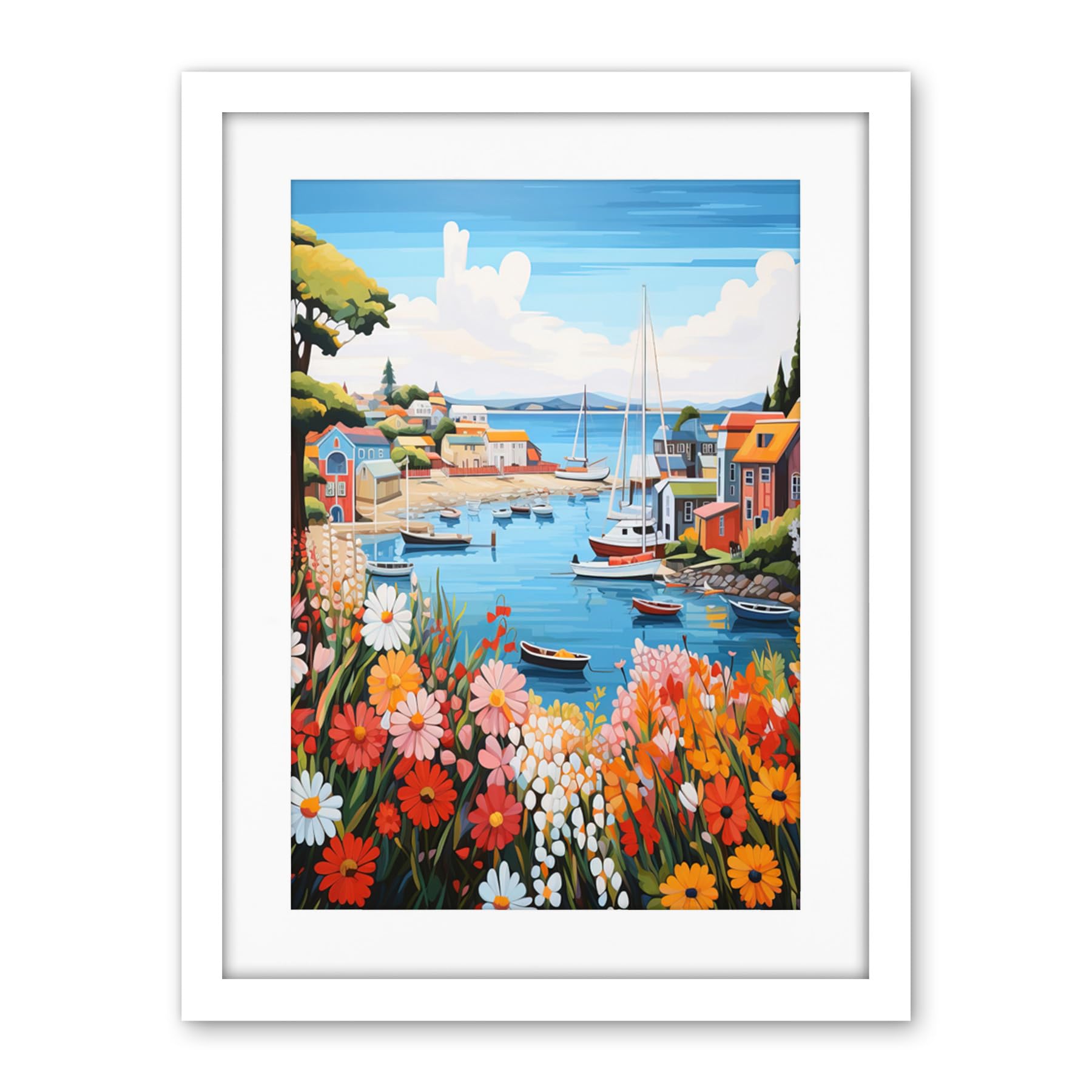 Artery8 Idyllic Scenic Seaside Fishing Village Bright Oil Painting Orange Pink Blue Bathroom Floral Artwork Harbor Bay Boats Coastal Landscape Artwork Framed Wall Art Print 18X24 Inch