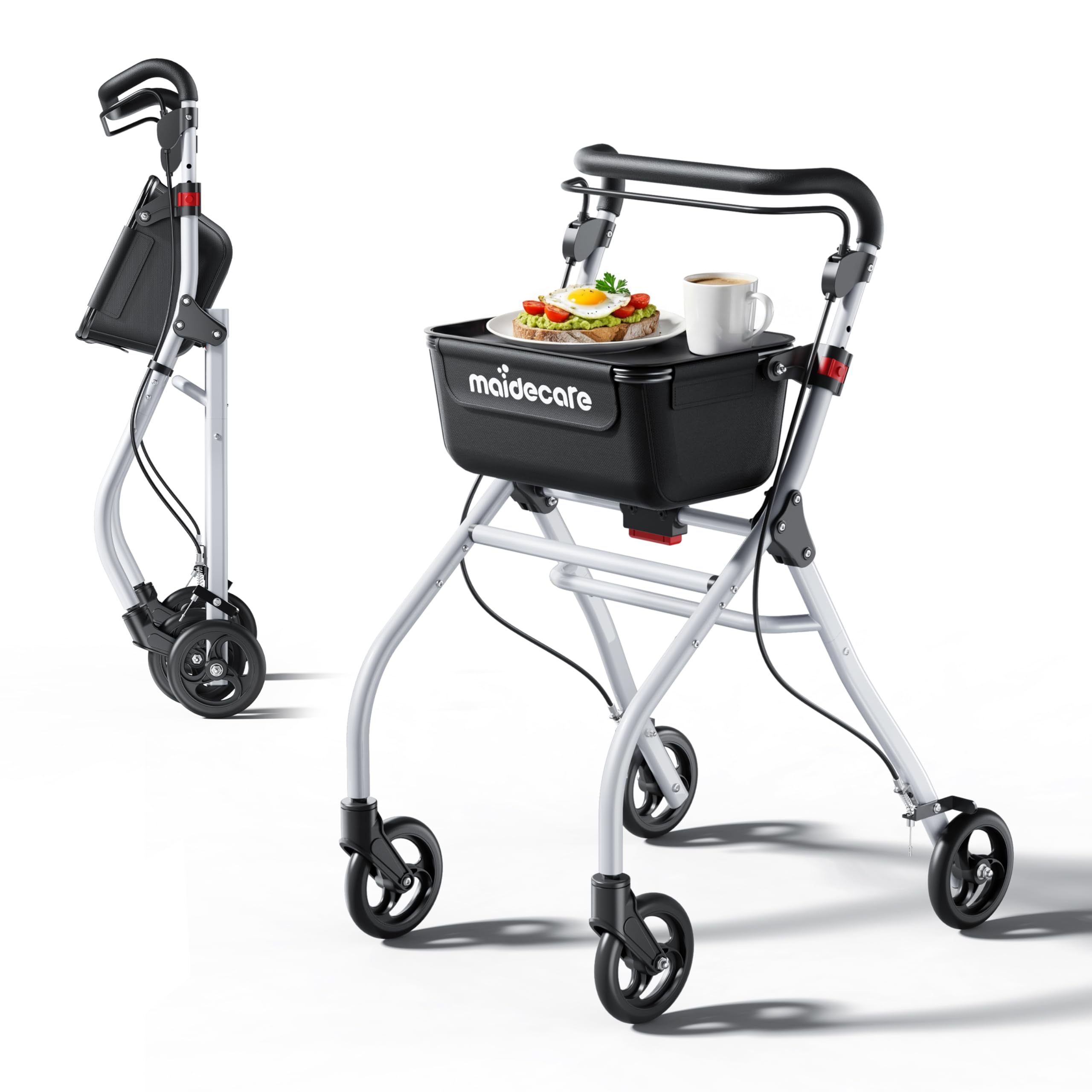 Andador para Ancianos, Andador Plegable con Asiento para Personas Mayores, Estrecho para Apartamento, Modelo de Interior Plegable y Ligero con Bandeja y Bolsa de Tela, 4 ruedas, Aluminio, Blanco