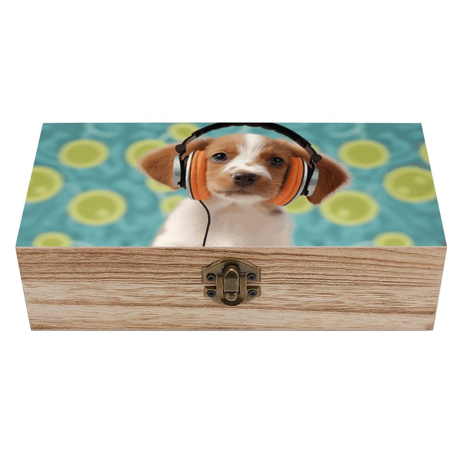 Puppy with Headphones Wooden Storage Box Exquisite Durable Wood Gift Case Sturdy Vintage Jewelry Wooden Chest for Art Hobbies Storage Keepsake Gift
