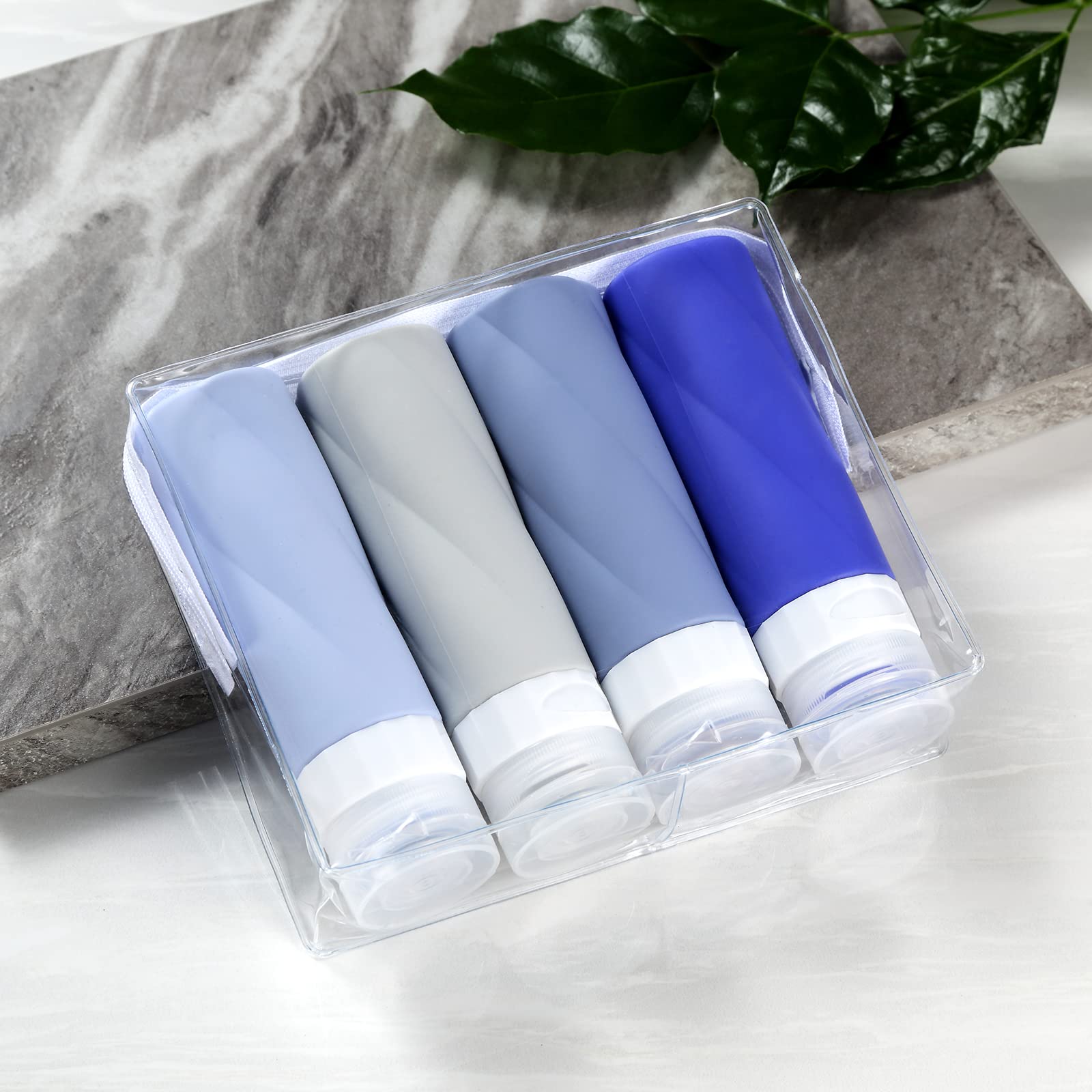 Gemice Reiseflaschen für Toilettenartikel, 85 ml, TSA-zugelassen, Reisegröße, BPA-frei, auslaufsicher, Reise-Zubehör, mit transparentem Kulturbeutel (4 Stück)