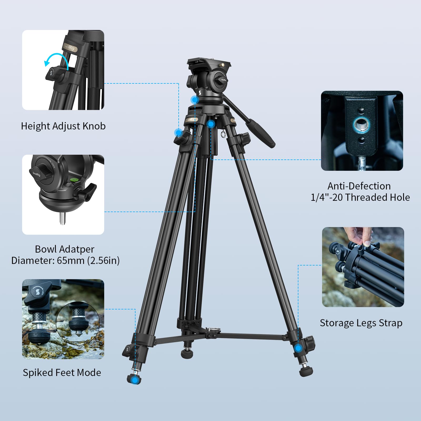 SMALLRIG 158CM / 62" Videostativ mit 360° Fluidkopf, leichtes Kamerastativ aus Aluminiumlegierung mit QR-Platte & Hebeseil, für DSLR Camcorder Kameras, 5kg / 11lbs Tragkraft, AD-50Lite - 4684