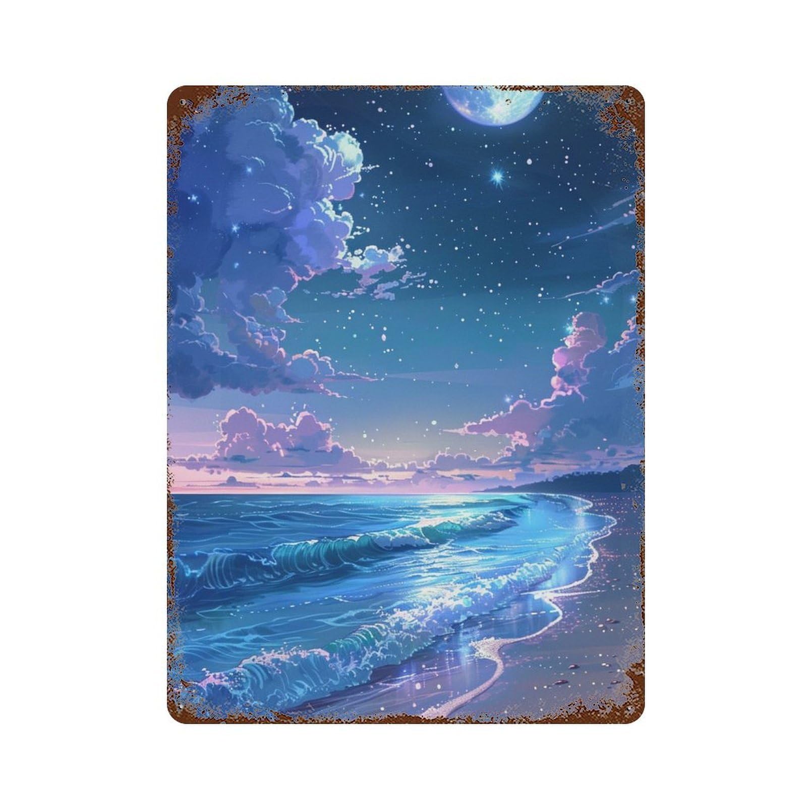 Ocean Waves Under Moonlight -1 Aged Metal Wall Plaque 15.7"x11.8", Classic Wall Plaque for Garage, Pub Or Kitchen