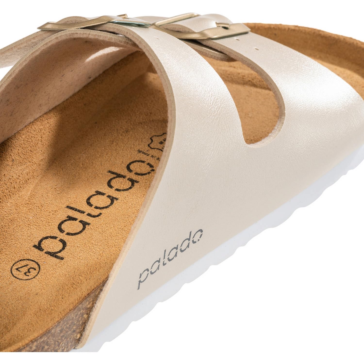 Palado Damen Pantoletten Korfu Metallic - Sandalen Made in Spain - elegante Hausschuhe mit Kork-Fußbett - modische Sommerschuhe
