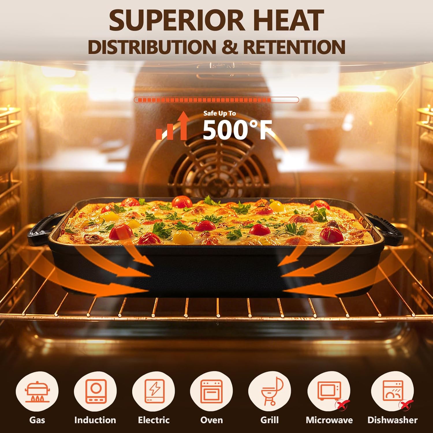 Cast Iron Detroit Pizza Pan - 9x13 Inch Pre-Seasoned Deep Baking Dish for Casserole, Focaccia, Lasagna