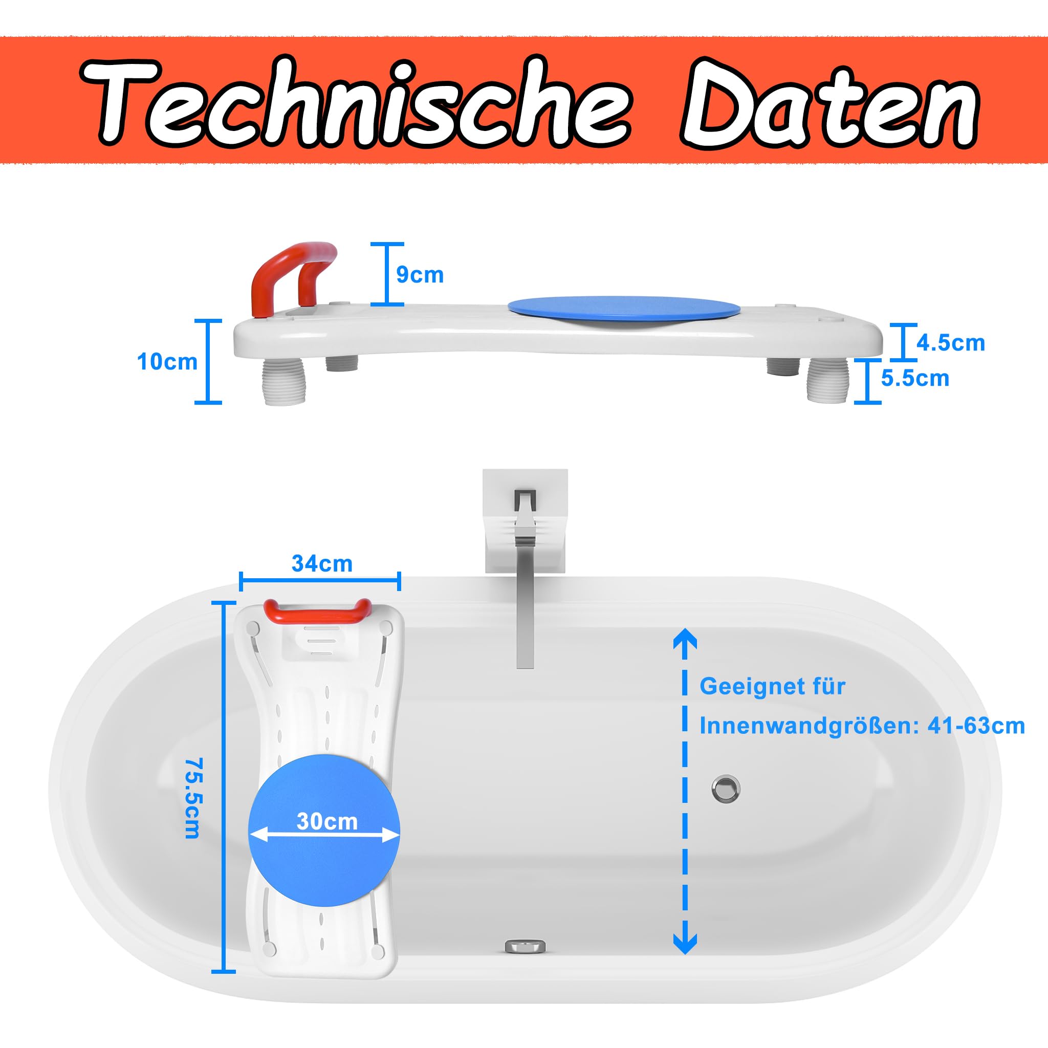 75,5x34cm Badewannenbrett mit Drehscheibe Badewannensitz für Senioren Einstellbar 41-63cm Wannensitz Sitzbrett Wannenbrett für Badewanne Duschbrett Stuhl für Badezimmer -Rot Griff