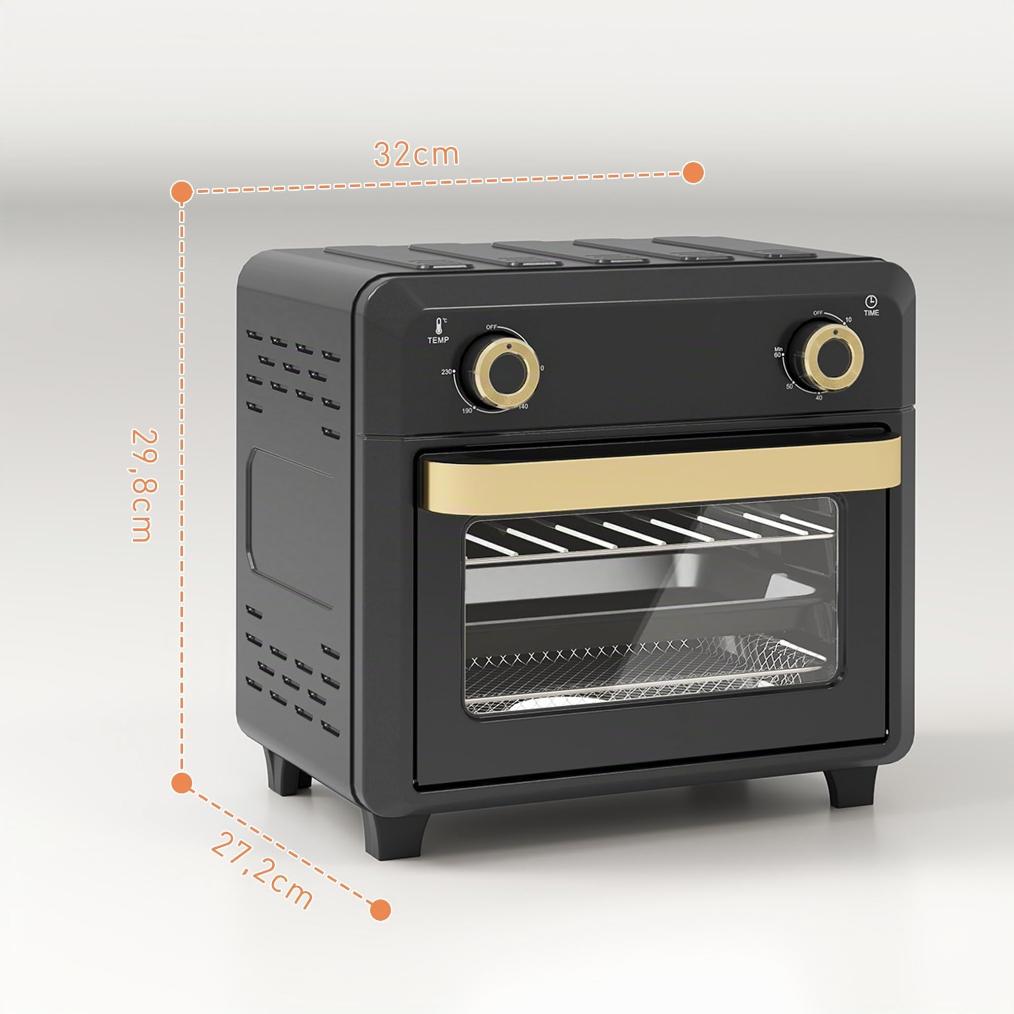 HOMCOM Mini horno con convección, freidora de aire caliente de 10L, Horno pequeño con temporizador de 60 minutos e iluminación interior, 80-230℃, 3 estantes, Accesorios aptos para lavavajillas,
