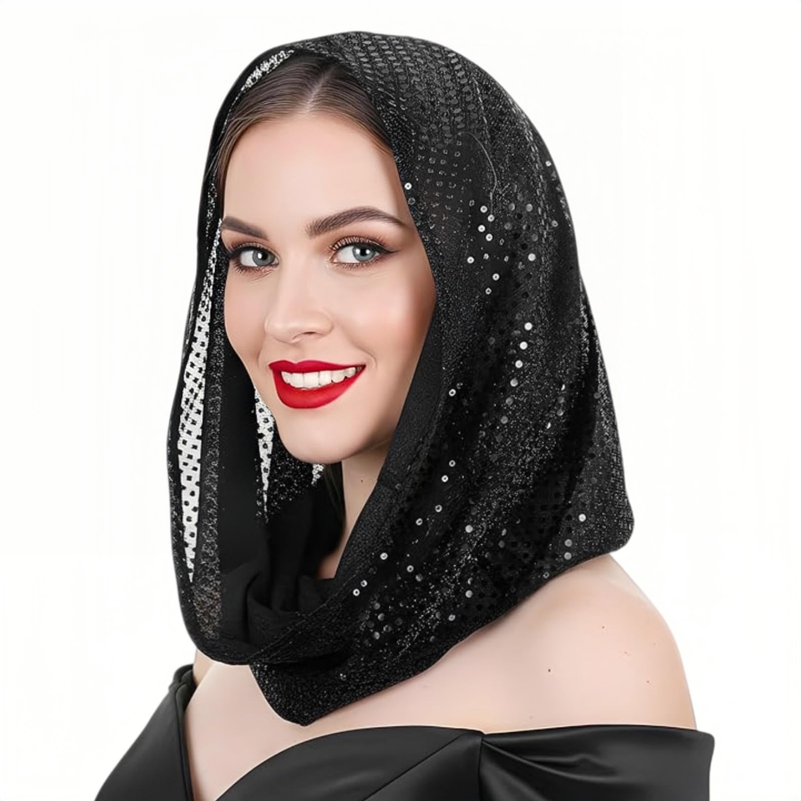 Sequin Unisex Rave Hood, Stretchy Sparkly Bandana Head Scarf Veil Cap Nightclub Headwrap Headpiece Turban Caps Hair Accessories for Women Girls Halloween & Concerts Festival Outfit Costume Accessory