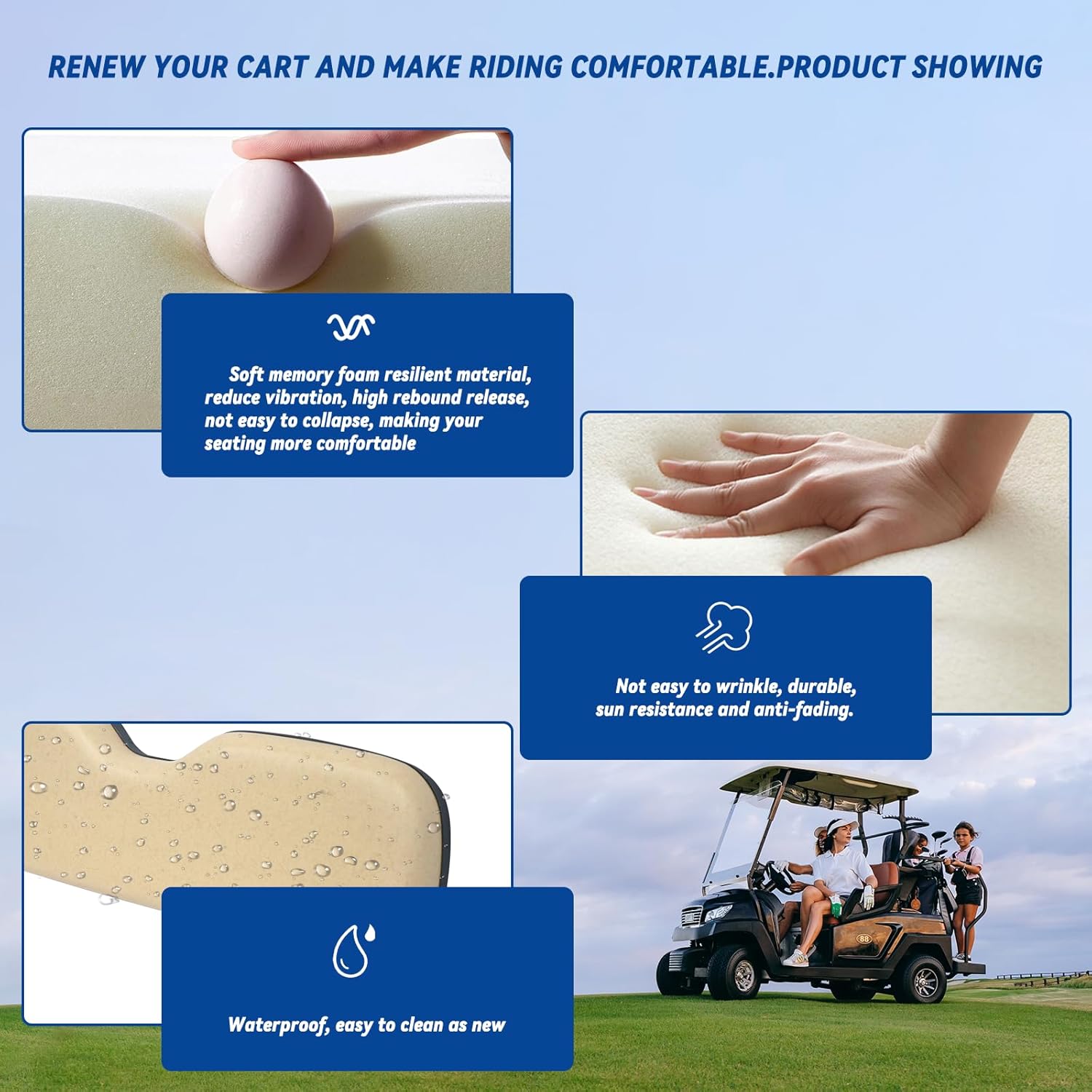Golf Cart Universal Rear Replacement Cushions for EZGO/Club Car/Yamaha with Flip Rear Seat Kit, Black,2 Piece Set, Beige