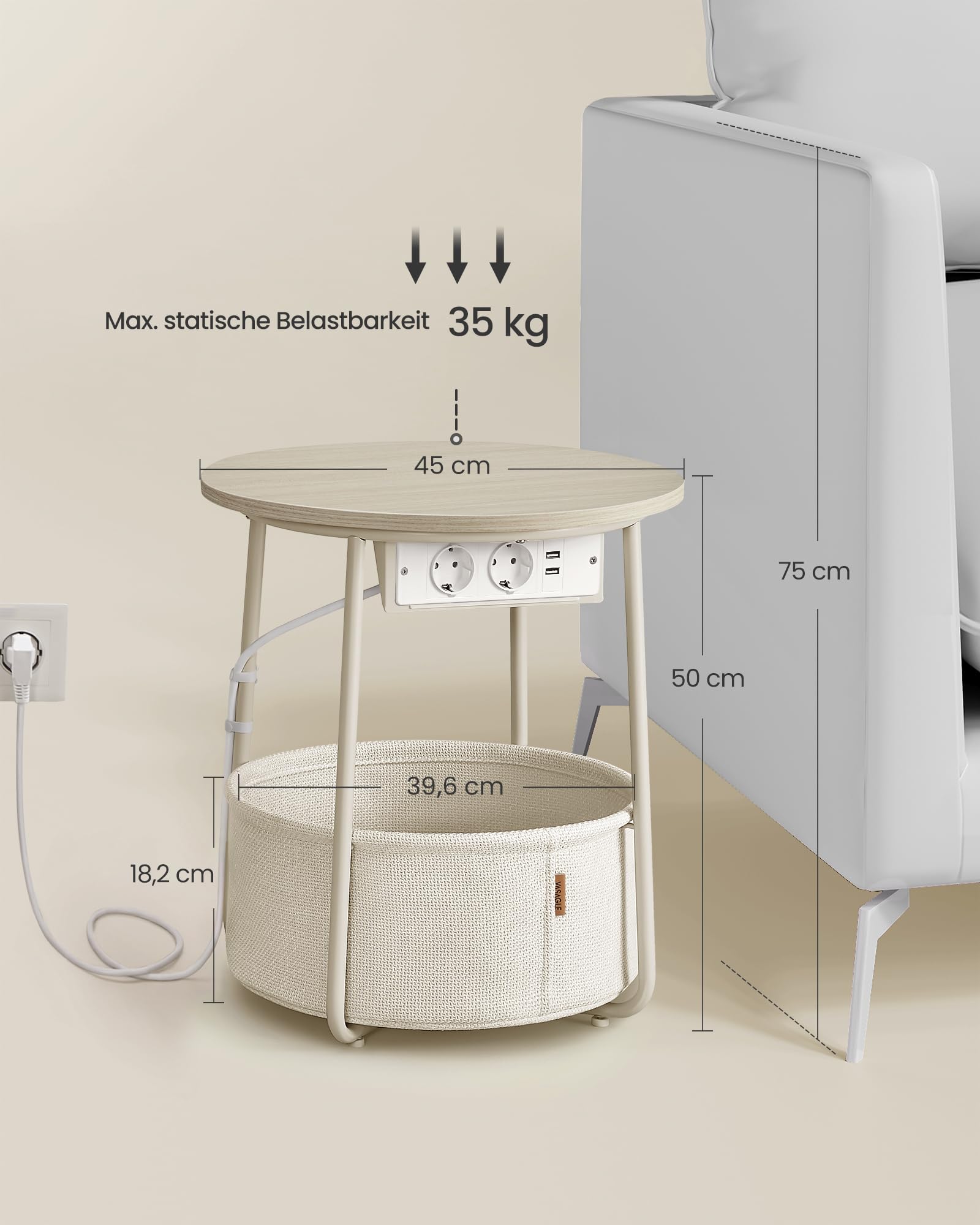 VASAGLE LILEA Beistelltisch rund mit Steckdose, Stauraum, naturbeige-cremeweiß LET228LL01