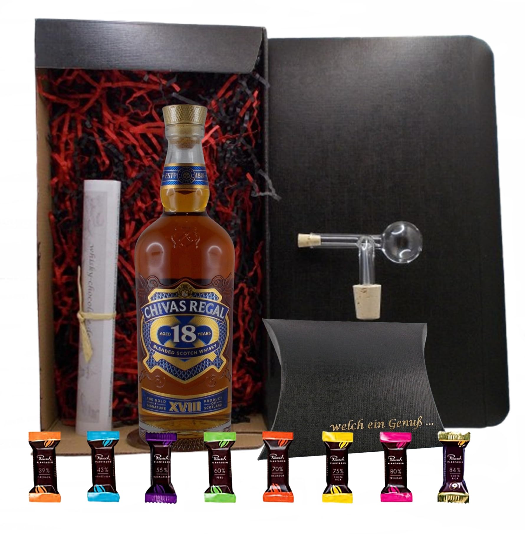 Geschenk Chivas Regal 18 Jahre scotch Whisky + Glaskugelportionierer + 8 Edelschokoladen 8 Sorten im Geschenk Karton Männergeschenke Genießer Set Whisky mit Schokolade genießen