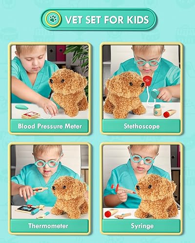 Miniatura 3 de Kit de médico de madera Lehoo Castle para niños, juegos de veterinario, kit de veterinario de juego de simulación con bolsa para perros, juguetes