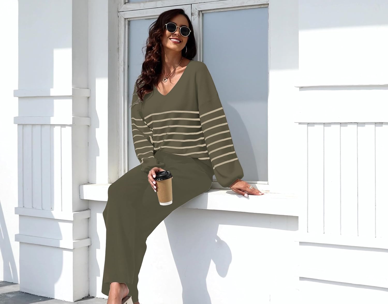 ETCYY NEW Womens 2 Piece Outfits Sweater Lounge Set Casual V Neck Knit Pajama Set Long Sleeve Top Wide Leg Pants Loungewear - Image 3