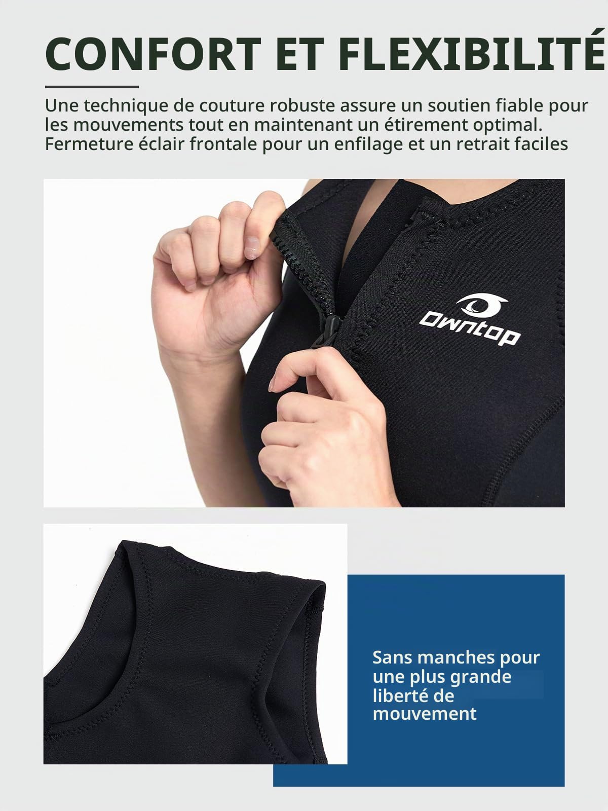 Owntop Combinaison shorty en néoprène de 2 mm pour femme, fermeture éclair à l'avant, pour la plongée, le surf, sans manches, extensible, en néoprène, pour sports nautiques