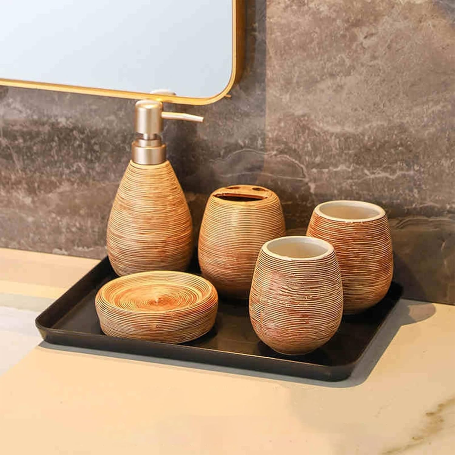 Bathroom Ceramic Accessories Set, 6 Piece Bathroom Set with Including Soap Dispenser Mouthwash Cup Soap Dish Toothbrush Holder Tray (Brown)