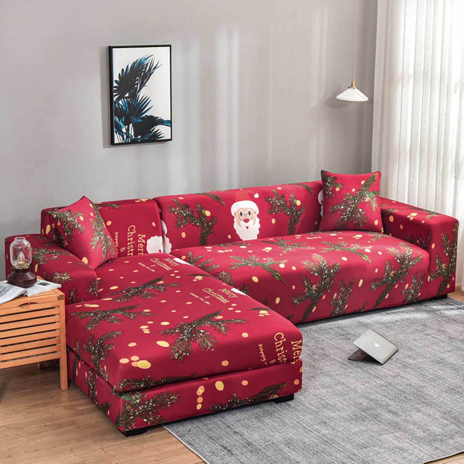 CAMZ Christmas Stretch Sofa Slipcover, 2/3/4 Seater Sofa Cover for L-Shape Sectional Couch Cover Washable Furniture Protector Holiday Decor (L Shape/3