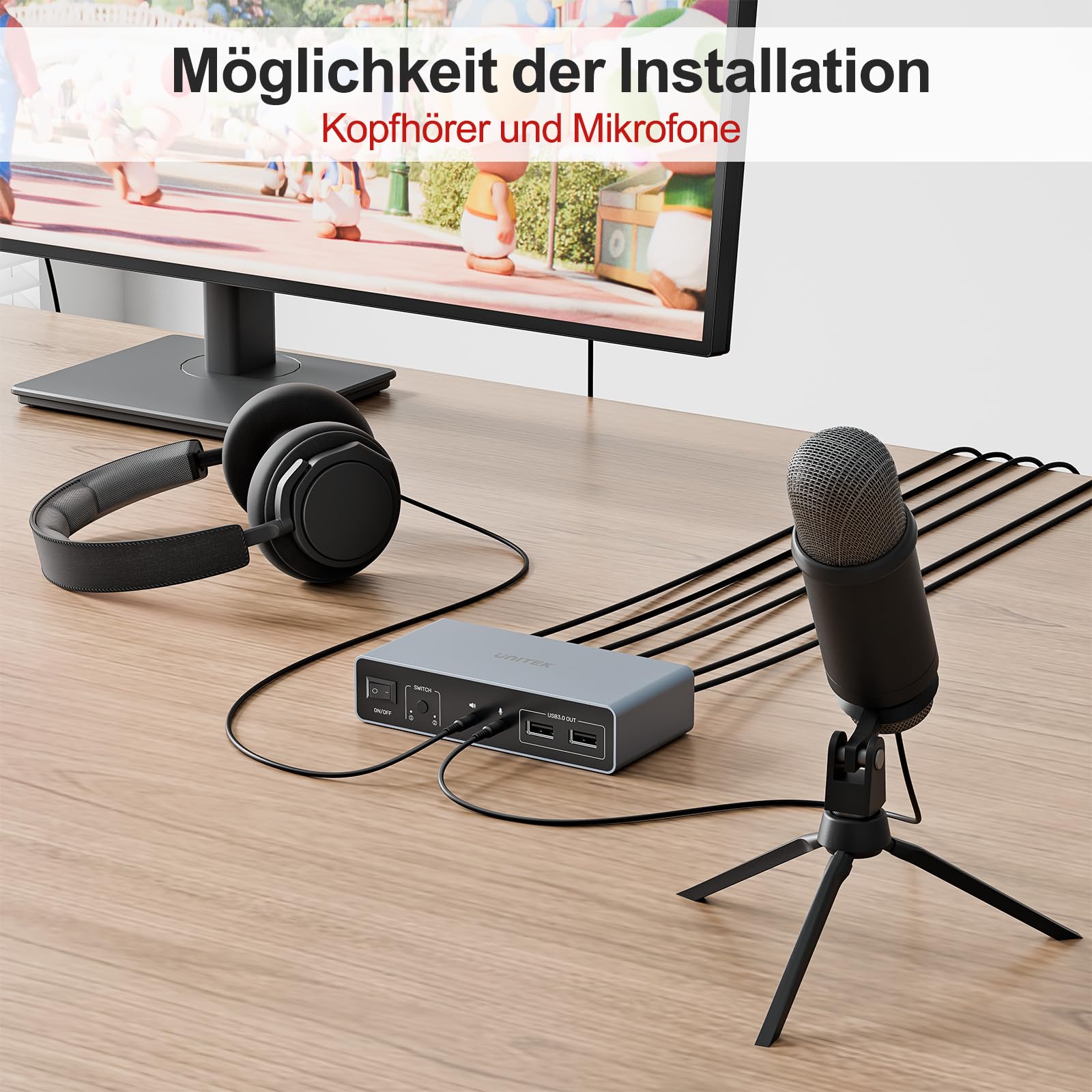 Unitek KVM Switch für 2 Monitore und 2 Computer 4K@60Hz HDMI Displayport KVM-Switcher 3 USB-Ports für gemeinsame Nutzung von Tastatur Maus Mikrofon Headset-Anschlüsse 2 USB-B-Kabel 5V DC
