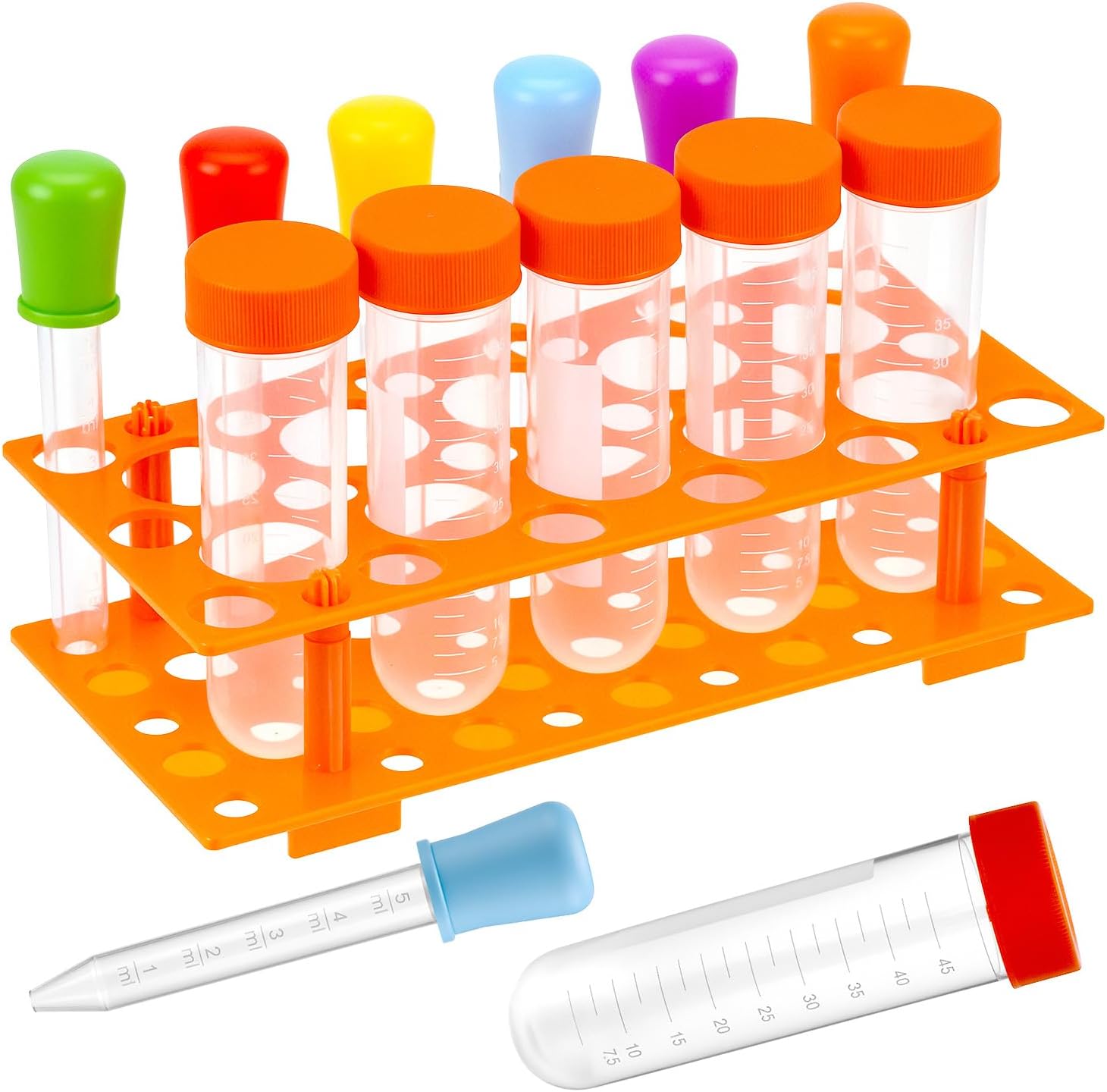 QWORK Jumbo Test Tubes & Liquid Droppers Set with Storage Stand, 12 Pieces Science Learning Tools for Primary Science
