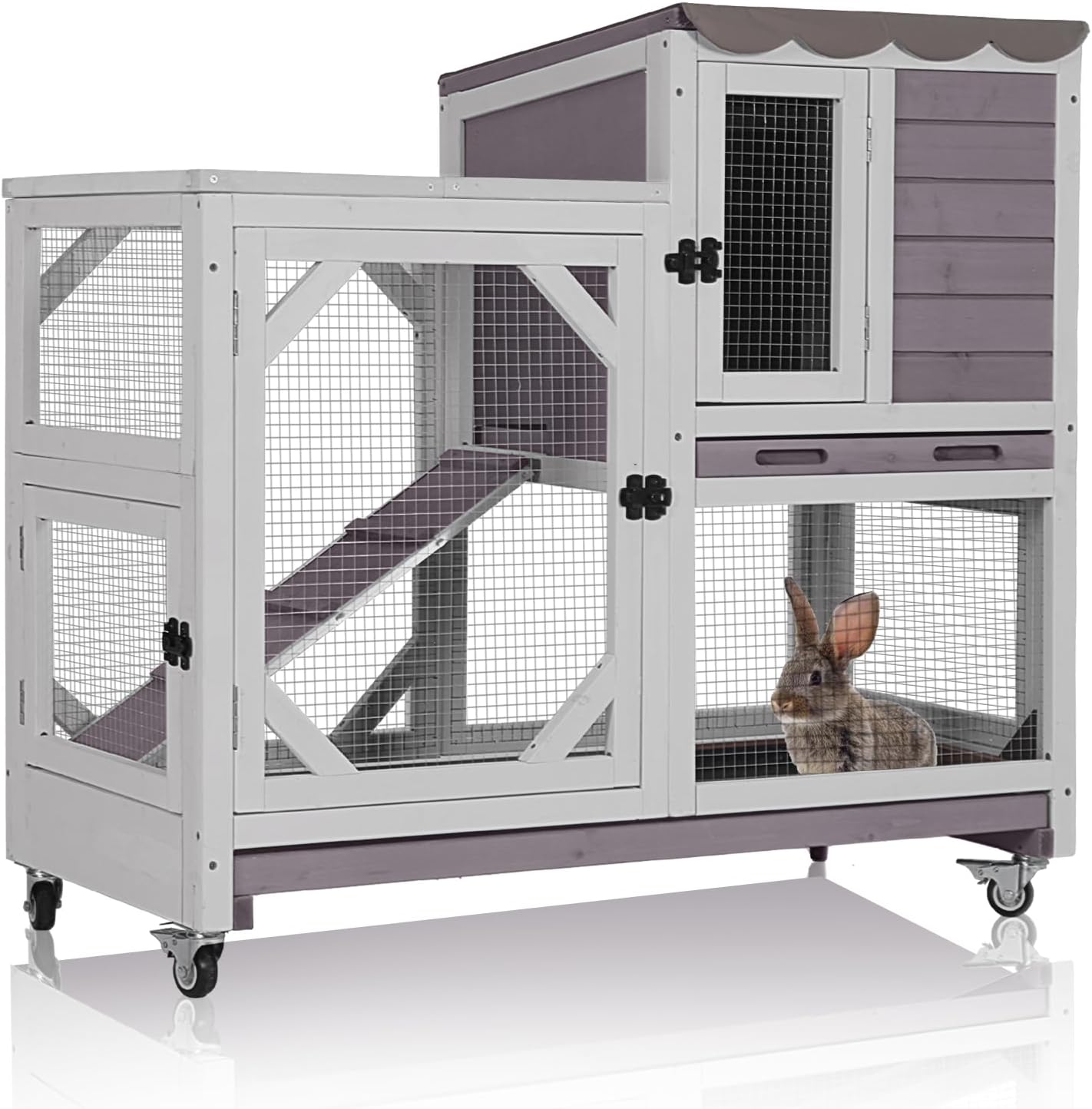 Aivituvin Rabbit Hutch Indoor Bunny Cage Outdoor 2-Story Guinea Pig House with Chew-Proof Ramp, Leak-Proof Tray, Lockable Wheels for Rabbits, Guinea Pigs, Small Animals (Grey)