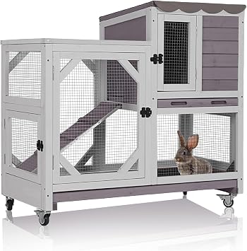 Aivituvin Rabbit Hutch Indoor Bunny Cage Outdoor 2-Story Guinea Pig House with Chew-Proof Ramp, Leak-Proof Tray, Lockable Wheels for Rabbits, Guinea Pigs, Small Animals Grey