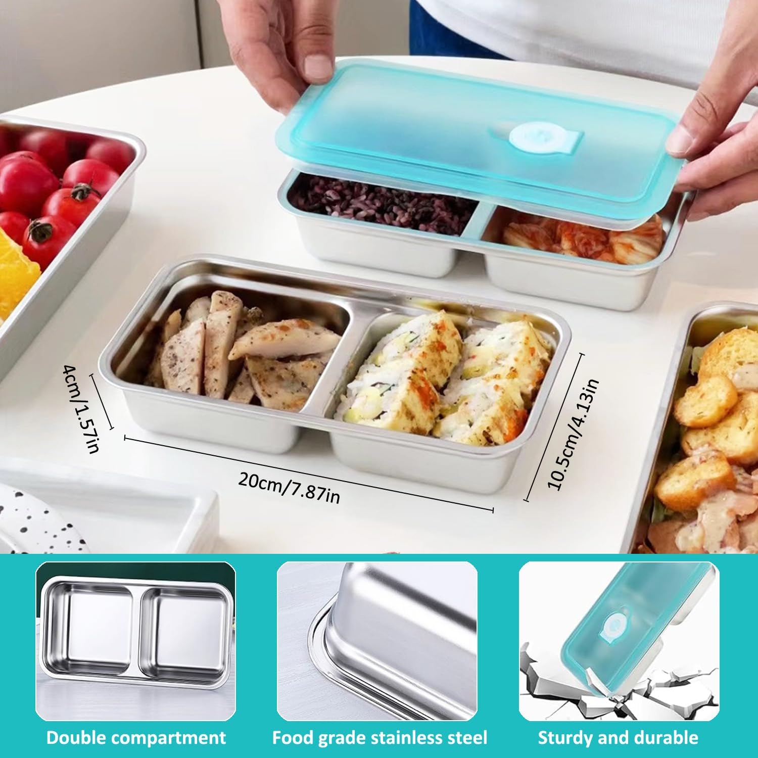 2 Pack Grab and Go Snack Containers Reusable, Stainless Steel Double Compartment Snack Containers with Leakproof Lids for Travel and Outdoor Camping School Lunch Prep Dishwasher Safe - Image 3